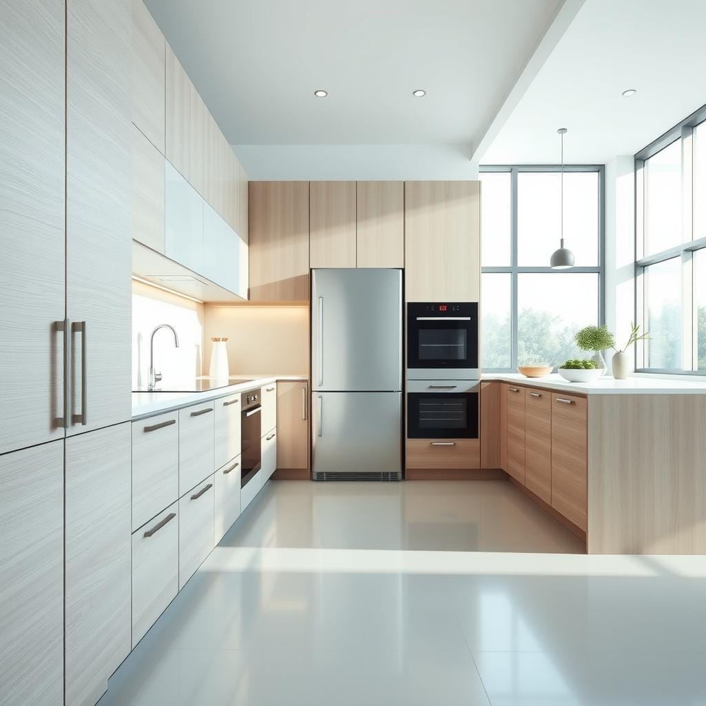 A beautifully designed seamless kitchen showcasing hidden appliances, emphasizing modern cabinetry and minimalist aesthetics. In the foreground, sleek, handleless cabinets blend seamlessly into the walls, with a subtle wood grain finish. The middle layer reveals cleverly concealed appliances, such as a built-in refrigerator and dishwasher, camouflaged within the cabinetry, maintaining a clean and uncluttered look. The background features a bright, airy atmosphere, with natural light streaming in through large windows, highlighting the gentle hues of soft whites and light grays. The overall mood is serene and contemporary, captured using a wide-angle lens to create depth and space. Soft shadows accentuate the smooth surfaces, promoting an inviting and sophisticated cooking environment.