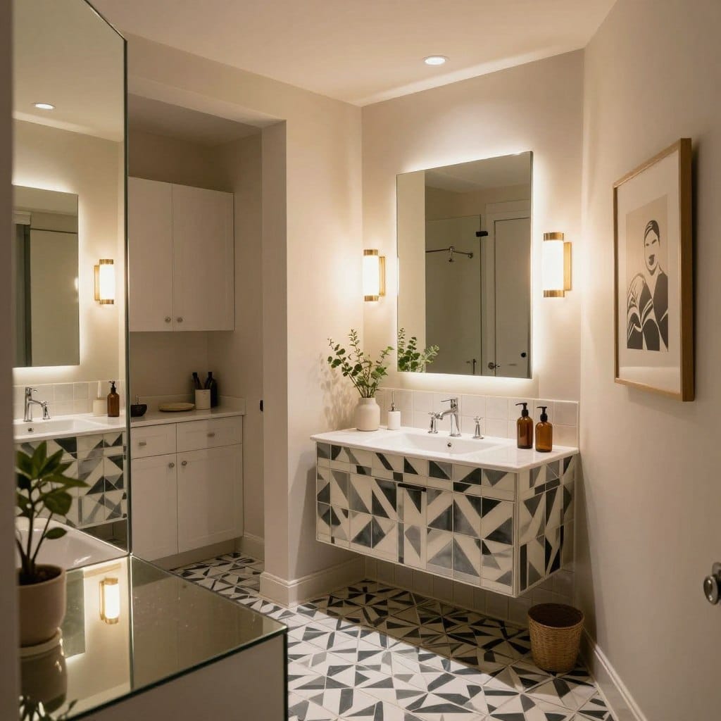 A beautifully designed small bathroom showcasing clever optical illusions and visual tricks. In the foreground, sleek, mirrored surfaces reflect light, creating a sense of depth. The middle space features a compact vanity with a striking geometric pattern on the tiles, while a cleverly positioned large mirror enhances the illusion of increased space. Subtle recessed lighting casts a warm glow, highlighting the elegant fixtures and unique artwork on the walls. In the background, light-colored cabinetry blends seamlessly, further contributing to the open feel. The atmosphere is serene yet stylish, with plants adding a touch of nature. The camera angle is slightly elevated, capturing the room’s dimensions without clutter.