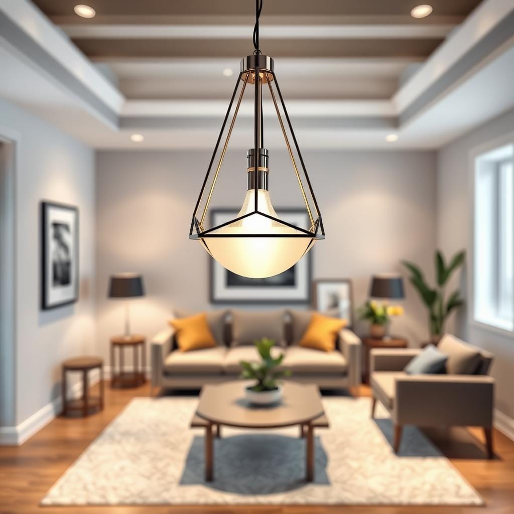 A beautifully designed small living room featuring a striking modern pendant light as the focal point. In the foreground, showcase the elegant pendant light with a unique geometric shape, crafted from polished metal and frosted glass, casting a warm, inviting glow. In the middle ground, display a cozy arrangement of contemporary furniture, such as a chic sofa and a stylish coffee table adorned with a small plant. The walls should feature soft, neutral colors, allowing the pendant to stand out. In the background, include tasteful decorative elements like framed artwork and potted greenery, adding a touch of vibrancy. The overall mood is sophisticated yet approachable, with soft ambient lighting that enhances the space's coziness. Use a wide-angle lens to capture the entire scene, emphasizing the pendant's impact in the small living room.