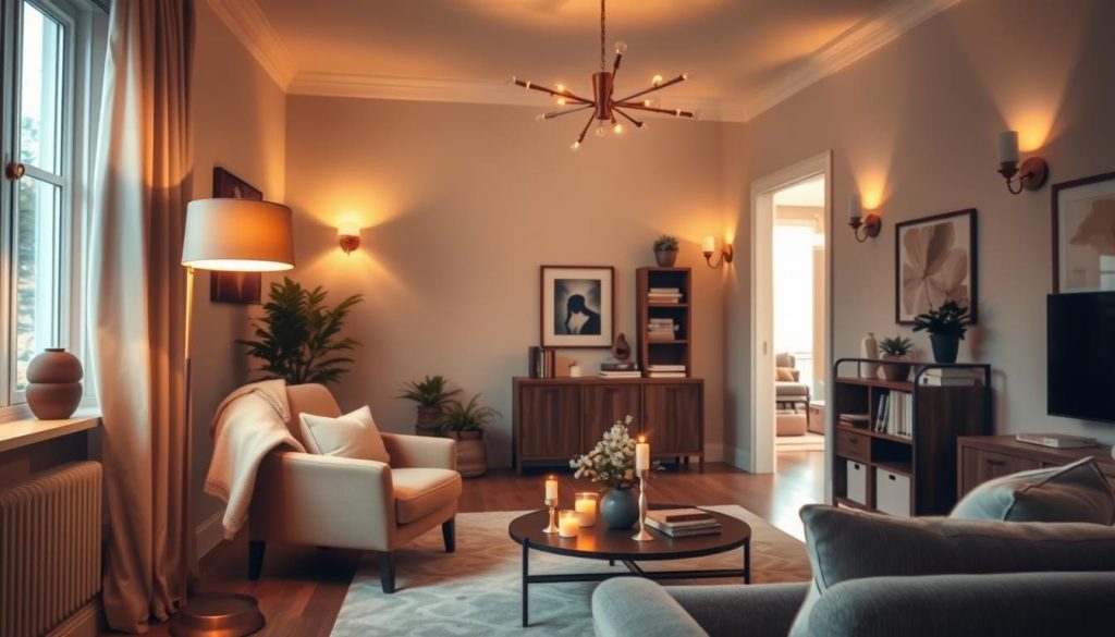A beautifully designed small living room showcasing a layered lighting plan. In the foreground, a stylish floor lamp with a warm glow stands next to a cozy armchair, accented by a soft throw blanket. The middle ground features a coffee table adorned with decorative candles and a small potted plant. Overhead, a modern chandelier casts a soft light, complemented by strategically placed wall sconces that create an inviting ambiance. The background reveals a tastefully decorated bookshelf and art on the walls, highlighting the room's elegance. Use a warm color palette to convey a welcoming atmosphere, with natural light streaming in through a nearby window, illuminating the space gently. Capture the image from a slightly elevated angle to emphasize the layout and lighting dynamics.