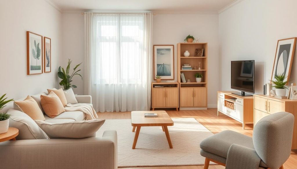 A beautifully designed small living room showcasing a light color palette to maximize space and brightness. In the foreground, a stylish light-colored sofa with pastel cushions, accented by a soft, airy throw. The middle ground features a chic coffee table made of light wood, adorned with a small potted plant and a light-colored area rug that ties the room together. In the background, soft white walls are complemented by sheer curtains allowing natural light to flood in. A variety of decor elements, such as framed artwork in soft hues and light wooden bookshelves, create an inviting atmosphere. The scene is bathed in warm, diffused lighting to enhance the feeling of openness and tranquility, captured at a wide angle to provide a clear view of the harmonious design.