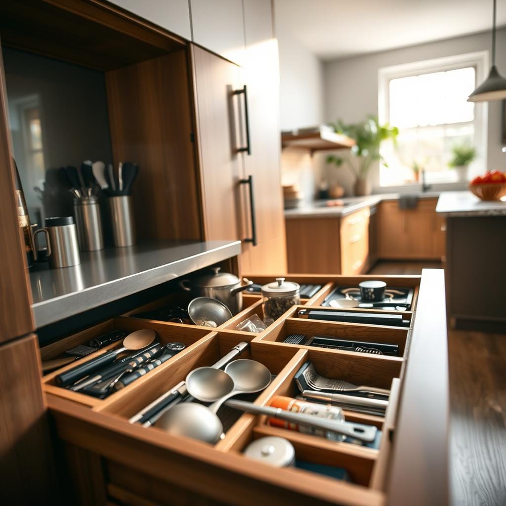 A beautifully organized kitchen cabinet with custom drawer inserts designed for optimal functionality. In the foreground, showcase a close-up of various drawer compartments filled with utensils, spices, and cooking gadgets, all neatly arranged. The middle layer features stylish, modern cabinets, with a sheen finish that reflects soft natural light streaming in from a nearby window. The background reveals a spacious kitchen with minimalist decor, including potted plants and granite countertops. Highlight the innovative storage solutions that blend aesthetics and practicality, evoking a calm and inviting atmosphere. Use warm lighting to enhance the richness of the wood finishes, and employ a slight depth of field effect to emphasize the custom drawer inserts. The overall mood should inspire creativity and organization within the cooking space.