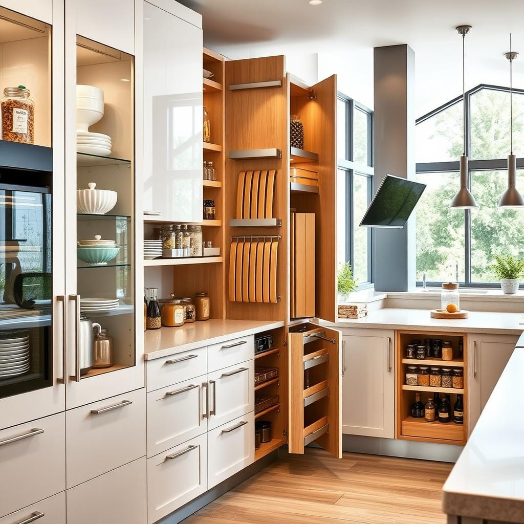 A beautifully organized kitchen featuring innovative storage solutions within stylish cabinets. In the foreground, sleek, modern cabinets with glass fronts display neatly arranged kitchenware and colorful spices. The middle ground showcases a variety of unique storage ideas, such as pull-out pantry shelves, vertical dividers for cutting boards, and integrated spice racks. In the background, a bright kitchen space with large windows allows natural light to illuminate the area, enhancing the vibrant colors and textures of wood and metal. The atmosphere feels fresh and inviting, perfect for modern cooking. Capture this scene with soft lighting, a slightly elevated angle to showcase depth, and focus on the elegance of the storage solutions without any people or distractions.