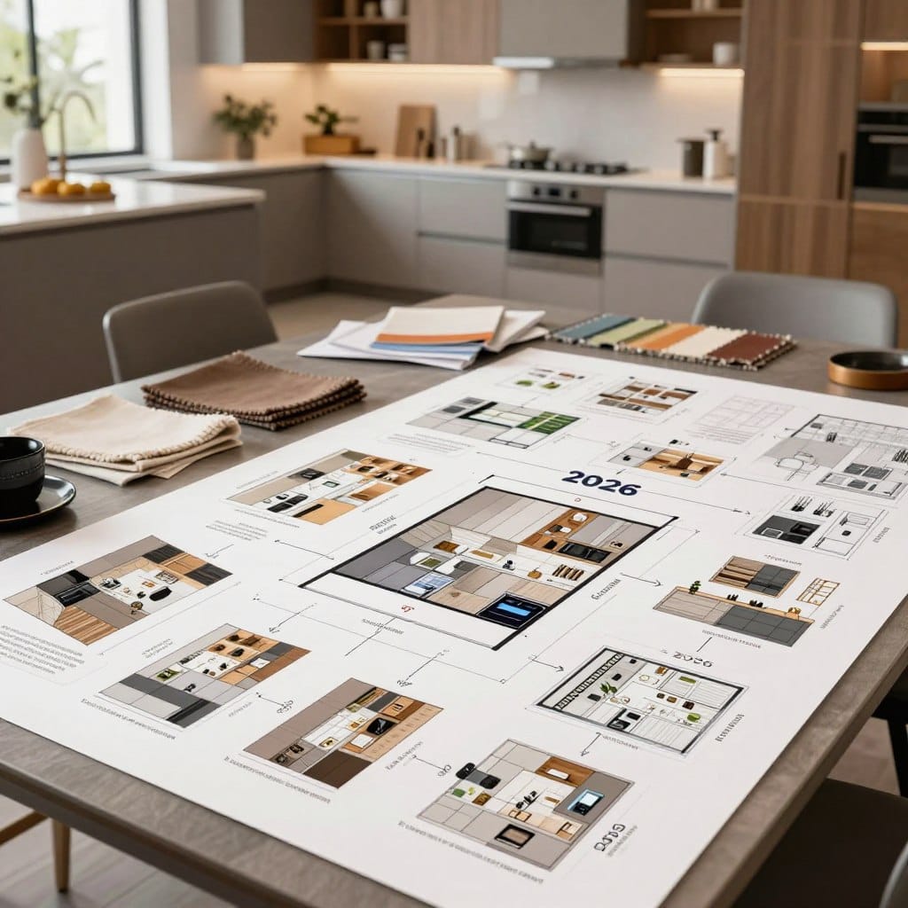 A beautifully organized kitchen planning roadmap set on a large, elegant table. In the foreground, detailed illustrations of modern kitchen designs and trends for 2026, including sleek cabinetry, smart appliances, and eco-friendly materials. The middle ground features a well-lit workspace with color swatches, fabric samples, and design sketches scattered around. In the background, a soft-focus view of a stylish contemporary kitchen, bathed in warm, natural lighting, emphasizing open space and innovative layouts. The atmosphere is inspiring and professional, designed to evoke creativity and forward-thinking in kitchen design. A photographer's angle captures the entire scene from a slightly elevated perspective, highlighting the planning process in a dynamic way.