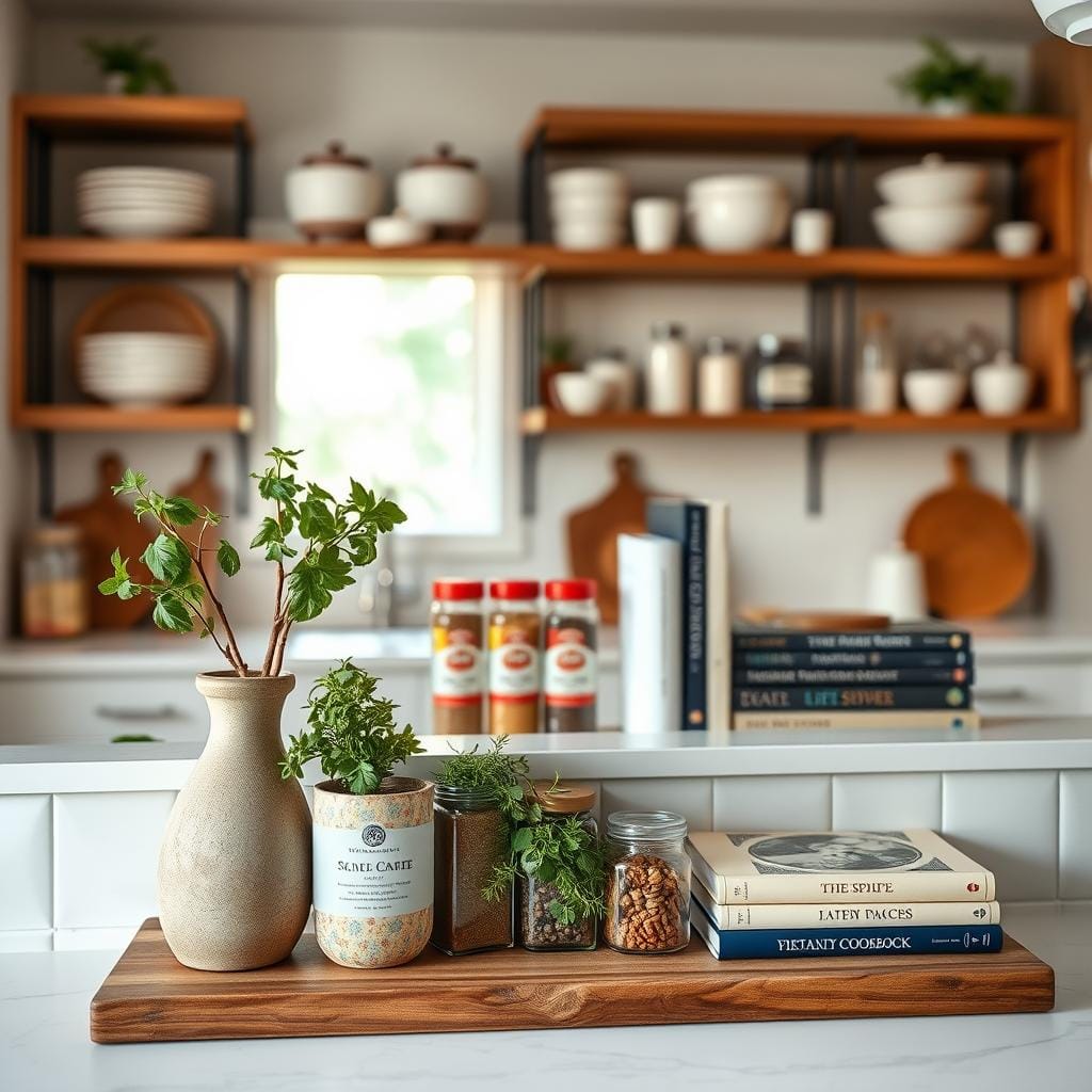 A beautifully organized kitchen shelf arrangement showcasing the "Rule of Three." In the foreground, three distinct elements on the shelf: a rustic ceramic vase with fresh herbs, a wooden cutting board with a neatly arranged set of colorful spices, and a small stack of artisanal cookbooks. The middle section features stylish open shelving with white dishes, glassware, and decorative jars, creating visual balance. The background includes a softly blurred kitchen with natural light streaming through a window, enhancing the inviting atmosphere. Use warm lighting to evoke a cozy, lived-in feel, capturing the essence of welcoming home style. The angle should be slightly elevated to focus on the shelf arrangement while giving a glimpse of the kitchen's warmth.