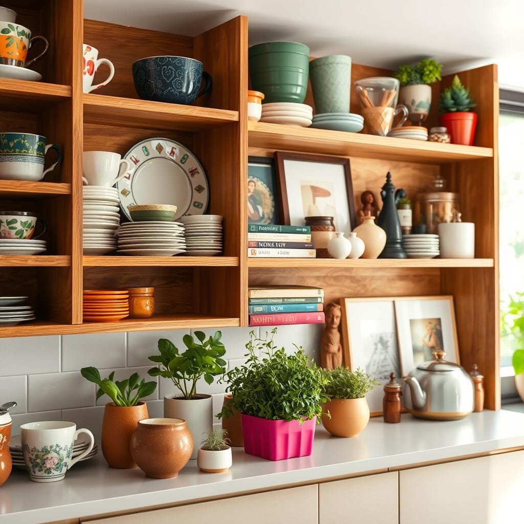 A beautifully organized kitchen shelf display, showcasing a variety of stylish items. In the foreground, elegant ceramics and glassware are arranged with care, including colorful mugs, artisanal plates, and decorative jars filled with cooking ingredients. The middle ground features fresh herbs in vibrant planters, books on cooking, and a few well-curated decorative pieces like framed art and unique figurines. In the background, soft natural light streams through a window, highlighting the warm wood tones of the shelves and the inviting atmosphere of the kitchen. Capture this scene with a slightly angled perspective to enhance depth, and use warm, airy lighting to evoke a sense of homeliness and creativity, showcasing the burgeoning trend of stylish kitchen shelves.