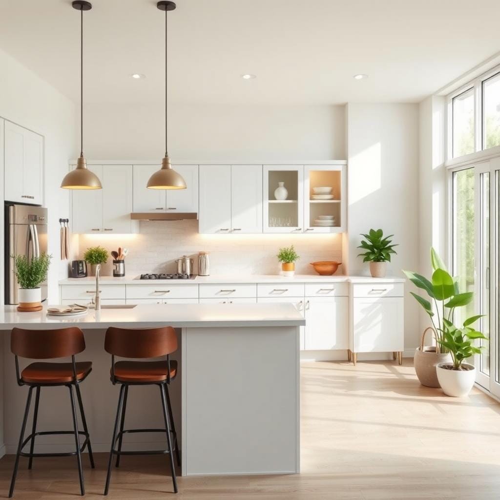 A beautifully redesigned small kitchen that showcases smart renovation tips, highlighting efficient layout and optimal use of space. In the foreground, a stylish kitchen island with bar stools, featuring modern appliances and organized cooking utensils. The middle ground displays sleek cabinets, contemporary hardware, and a well-arranged pantry, emphasizing functionality. In the background, large windows allow natural light to fill the space, creating a warm and inviting atmosphere. The color palette consists of soft whites, light woods, and pops of greenery from potted plants. The scene is illuminated with soft, diffused lighting to enhance the cozy yet modern vibe, and captured at a slightly elevated angle to provide a comprehensive view of the kitchen's effectiveness and flow.