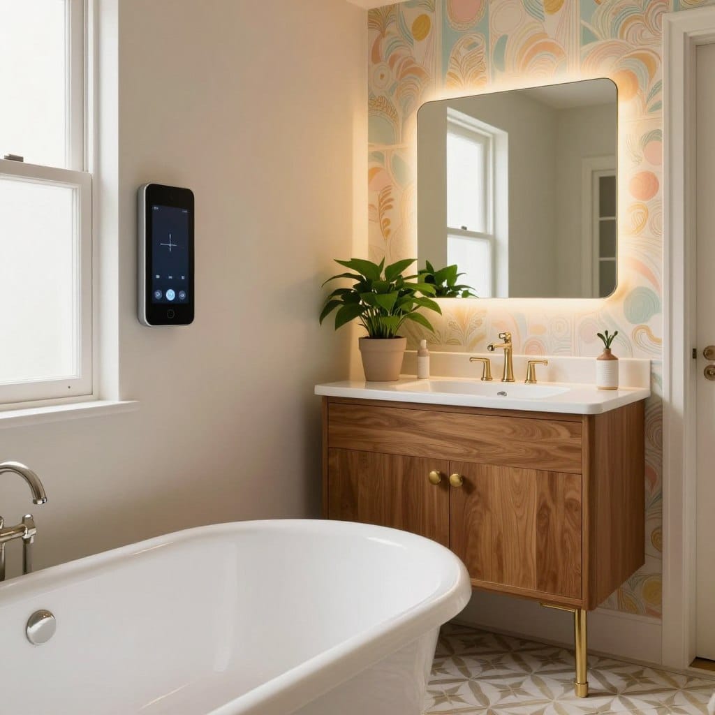 A beautifully remodeled mid-century bathroom featuring retro elements seamlessly blended with modern technology. The foreground showcases a vintage-style freestanding bathtub, elegantly curved, accompanied by a sleek wall-mounted smart mirror with touch controls. In the middle, there is a classic wooden vanity with round brass handles, adorned with a vibrant green potted plant and minimalist LED lighting. The background reveals patterned tile flooring reminiscent of the 1950s, with retro wallpaper in soft pastel tones. Natural light streams in through a frosted window, creating a warm and inviting atmosphere. Shot from a slightly elevated angle to capture the entire scene, the image evokes a nostalgic yet contemporary vibe, inviting viewers to imagine their own renovation plans.