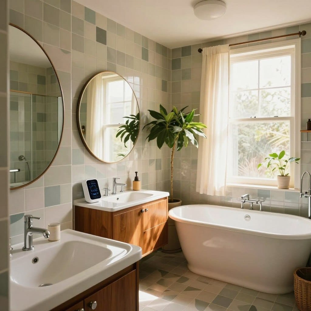A beautifully renovated mid-century modern bathroom featuring iconic design elements such as geometric tiles, a vintage freestanding tub, and sleek wooden cabinetry. In the foreground, showcase a gleaming sink with a stylish faucet and neatly organized smart appliances subtly integrated into the space. The middle of the bathroom should highlight a large, circular mirror reflecting natural light, complemented by lush greenery to add warmth. In the background, include large windows allowing ample sunlight to filter through sheer curtains, enhancing the tranquil atmosphere. Utilize soft, daylight lighting with a slight golden hue to evoke a retro vibe. The angle should be slightly elevated, providing an overview of the entire room, capturing both elegance and functionality in a harmonious blend of retro aesthetics and modern technology.