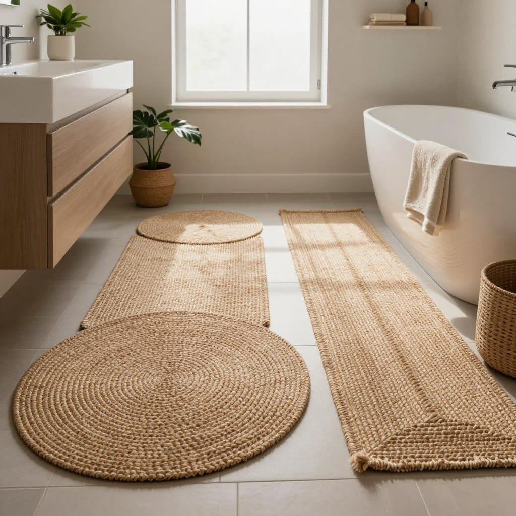 A beautifully styled bathroom featuring textured jute accent rugs in various shapes and sizes. In the foreground, a round jute rug with intricate weaving patterns contrasts with a longer runner rug, both placed gracefully on a tiled floor. The middle section showcases a modern, minimalist bathroom with elegant fixtures, including a sleek vanity and a compact bathtub. Natural light streams in through a frosted window, casting soft shadows and creating a warm, inviting atmosphere. Decorative elements such as potted plants and neutral-toned towels add subtle pops of color, enhancing the serenity of the space. The camera angle captures the rugs prominently, emphasizing their texture and organic appeal, with a focus on creating a cozy and modern vibe perfect for small spaces.