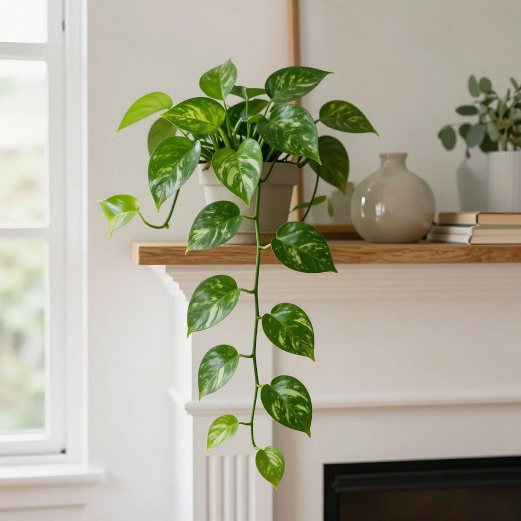 A beautifully styled indoor scene featuring a lush Pothos plant gracefully trailing over a cozy shelf decorated with neutral-colored decor. In the foreground, the vibrant green leaves of the Pothos cascade down elegantly, showcasing their heart-shaped form and variegated patterns. The middle ground includes a wooden mantel holding a few carefully arranged decorative items, such as a ceramic vase and a small stack of books, adding warmth to the atmosphere. In the background, soft natural light filters in through a nearby window, creating a serene and inviting ambiance. The overall mood is fresh and chic, perfect for elevating apartment living spaces. Capture the image with a wide-angle lens to emphasize the trailing effect of the plant, ensuring a bright and airy tone throughout.