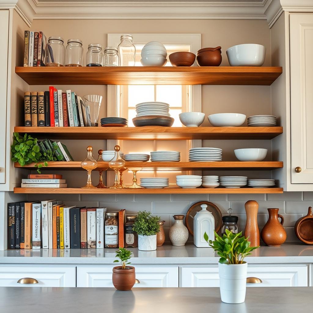 A beautifully styled kitchen shelf brimming with inspiration, featuring an assortment of carefully arranged culinary books, elegant glassware, and artisanal pottery. In the foreground, a collection of colorful spice jars and small potted herbs adds a touch of greenery. The middle layer showcases wooden shelves adorned with sleek, modern dishes and decorative bowls, complemented by soft, ambient lighting that casts gentle shadows for depth. In the background, a tastefully designed kitchen setting with classic cabinetry and warm, natural light streaming through a window creates an inviting atmosphere. The composition should evoke a sense of calm and creativity, embodying the essence of stylish organization. The angle should capture the shelf at eye level, providing a clear view of the various elements without any text, watermarks, or overlays.