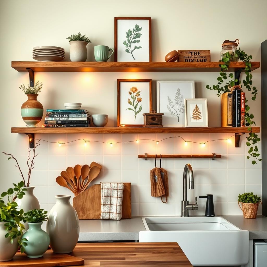 A beautifully styled kitchen shelf display showcasing clever decor ideas. In the foreground, there are elegant ceramic vases with fresh herbs, colorful kitchen utensils, and artful cookbooks stacked at varying angles. In the middle, a sleek wooden shelf extends across a pastel-painted wall, adorned with warm fairy lights that softly illuminate the items, casting gentle shadows. Subtle touches, like framed botanical prints and a rustic wooden sign, enhance the cozy ambiance. In the background, hints of a well-organized kitchen are visible, featuring a modern sink and subtle greenery. The image captures a warm, inviting mood, with soft, natural lighting that accentuates the textures and colors, inviting viewers to explore the art of kitchen styling and lighting techniques. Ideal for showcasing the beauty of functional decor.