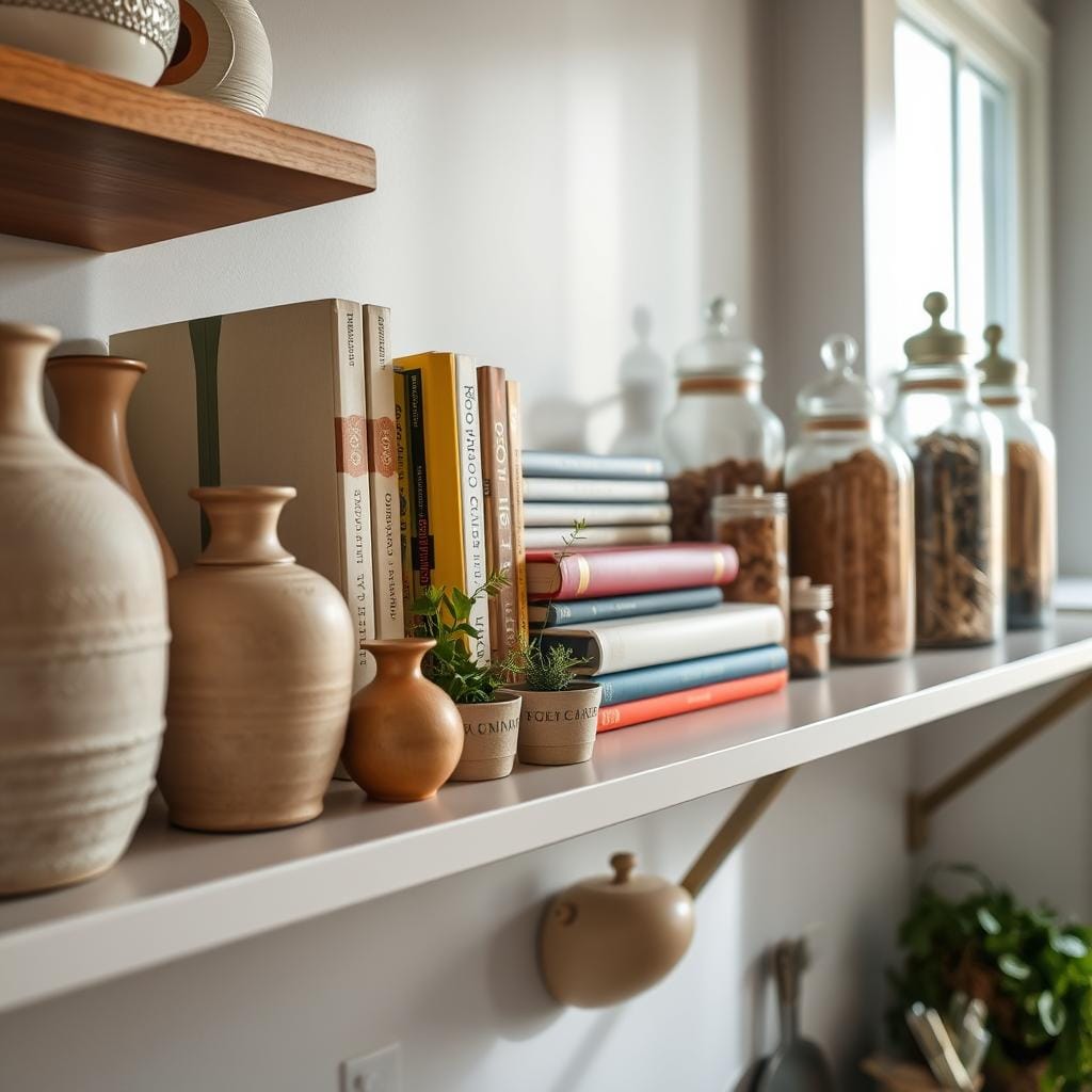 A beautifully styled kitchen shelf featuring a layered decor display, showcasing various elements for depth and dimension. In the foreground, an assortment of textured ceramic vases in muted earth tones, gracefully arranged. The middle section highlights an array of cookbooks with colorful spines, interspersed with small potted herbs, adding a fresh touch. In the background, elegant glass jars filled with cooking ingredients create a warm, inviting atmosphere. Soft, natural light filters through a nearby window, casting gentle shadows and enhancing the cozy mood. The camera angle captures the shelves at eye level, providing an immersive view of the thoughtful layering techniques employed in the arrangement.