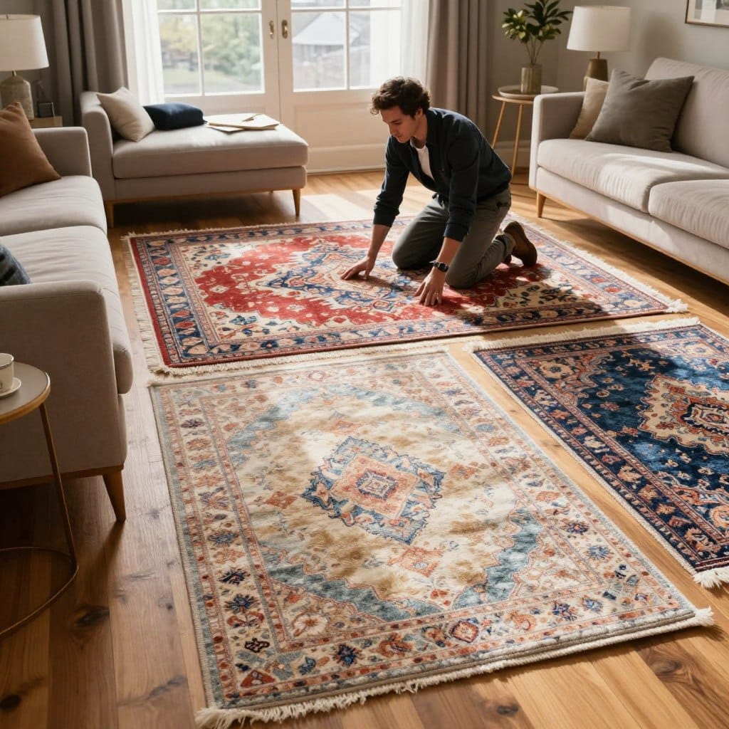 A beautifully styled living room setting featuring a diverse selection of rugs laid out on a wooden floor, showcasing various styles, sizes, and materials. In the foreground, a modern, plush area rug in an inviting, soft color palette is highlighted, surrounded by elegant furniture accents. In the middle, a well-dressed individual, clad in smart casual attire, kneels to inspect a vibrant, patterned rug, thoughtfully considering its texture and design. The background displays warm, natural lighting streaming through large windows, creating a cozy atmosphere. Soft shadows fall gently across the room, enhancing the inviting feel. This image encapsulates the transformative power of choosing the right living room rug, emphasizing both style and functionality.