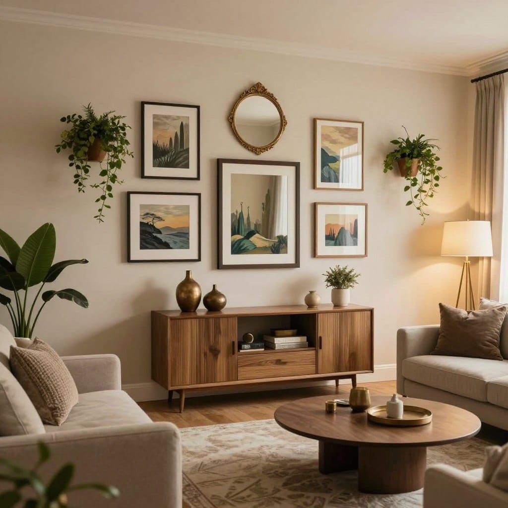 A beautifully styled living room showcasing a variety of wall decor ideas for maximum impact. In the foreground, an elegant gallery wall featuring an assortment of framed art, mirrors, and wall-mounted plants, arranged symmetrically for visual appeal. The middle ground includes a stylish console table adorned with decorative items that complement the wall decor, creating a cohesive look. In the background, an inviting sofa with textured cushions and a modern coffee table, bathed in warm, ambient lighting that enhances the overall atmosphere. The scene is captured from a slightly elevated angle, allowing for depth and perspective, evoking a cozy yet sophisticated mood, perfect for a modern living room in 2026.