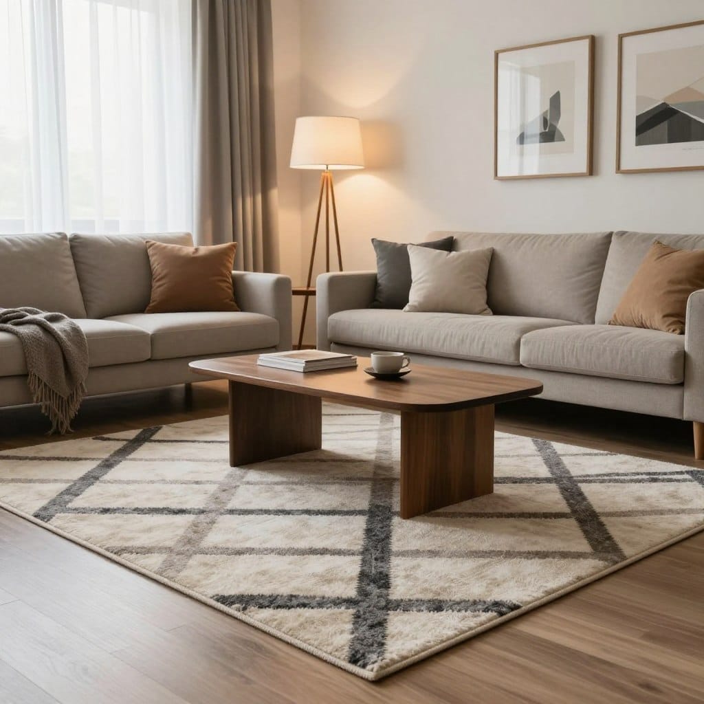 A beautifully styled living room showcasing strategic rug placement tips. In the foreground, a plush area rug in a modern geometric pattern, neatly centered under a stylish coffee table. The middle ground features a chic couch adorned with coordinating throw pillows and a mid-century floor lamp casting soft, warm light. The background reveals a tastefully decorated wall with framed art and a neutral color palette, contributing to an inviting atmosphere. Light from a large window filters through sheer curtains, creating an airy feel. Capture this scene from an angle that highlights both the rug and the surrounding decor, emphasizing the importance of rug placement in solving common living room challenges. The overall mood is cozy and sophisticated, inviting readers to consider their own living room setups.