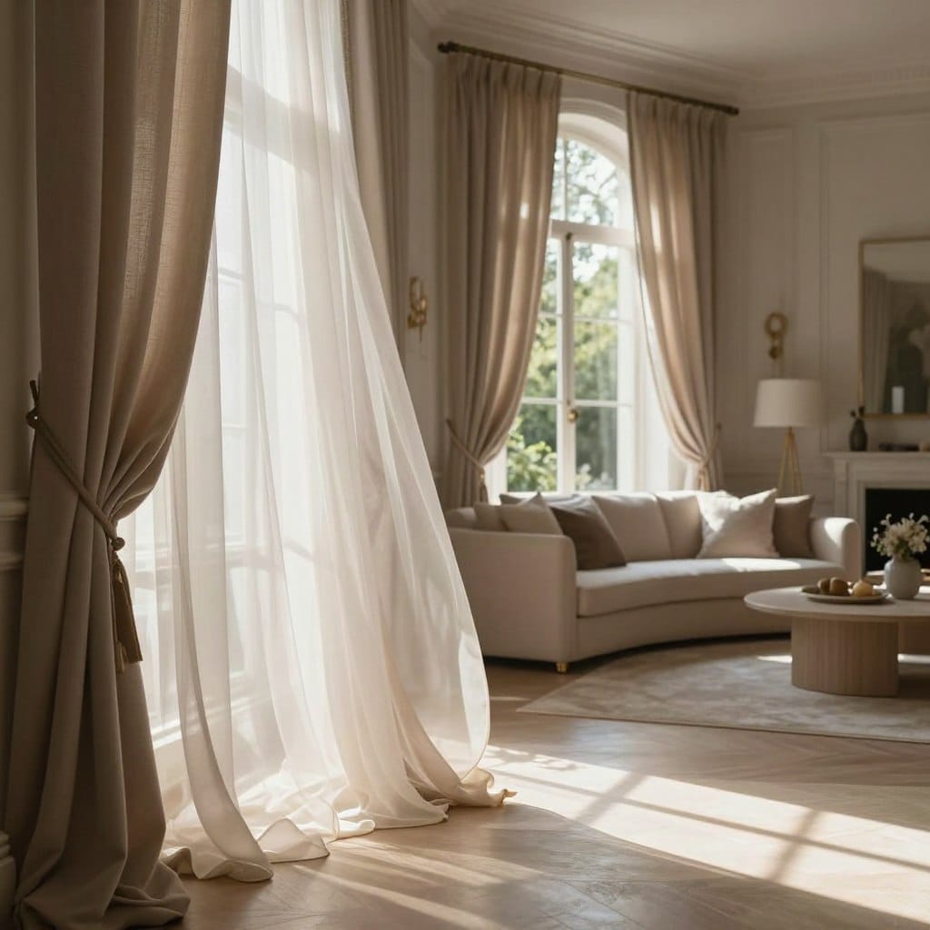 A beautifully sunlit interior featuring luxurious sheer window treatments gracefully draped over large windows. In the foreground, delicate layers of soft, translucent fabric in various shades of taupe and ivory cascade elegantly, allowing filtered sunlight to create a warm glow. The middle ground showcases a comfortable, elegantly designed living space with plush furnishings in neutral colors, adorned with tasteful decor elements. The background reveals lush greenery outside, hinting at a serene garden view. The scene is illuminated by natural light, casting gentle shadows and enhancing the soft textures of the fabrics. The overall mood is one of subtle sophistication, tranquility, and warmth, perfect for an inviting and refined living environment. The image is framed at a slight angle to capture depth and perspective without any text or distractions.