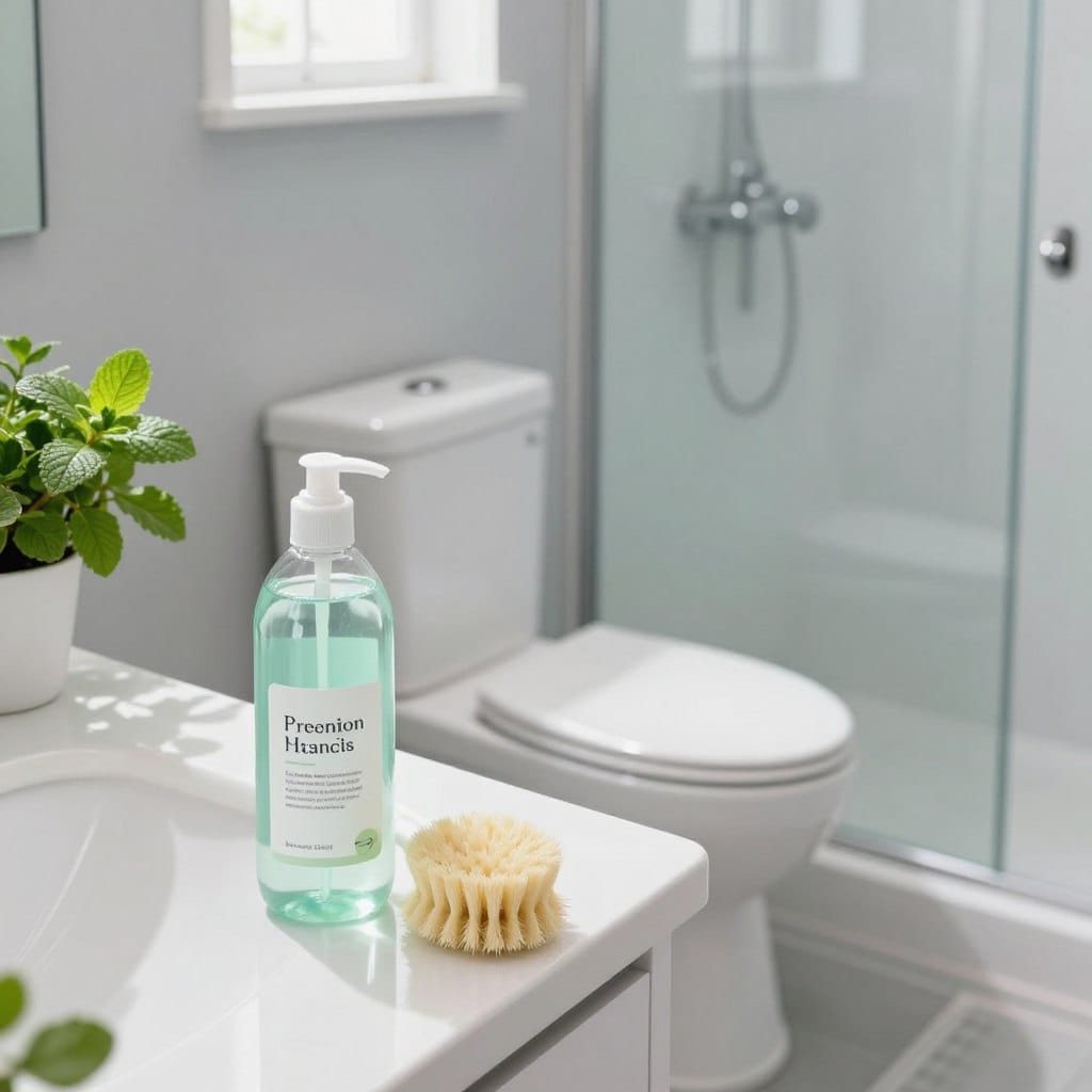 A bright and clean bathroom scene showcasing a unique cleaning hack. In the foreground, a bottle of natural cleaning solution and a scrub brush rest on a white vanity countertop, their surfaces gleaming under soft, diffused lighting. In the middle, a sparkling toilet and sink add to the freshness, with mint green plants providing a touch of nature. The background features light grey walls and a frosted glass shower, enhancing the serene atmosphere. Sunlight streams through a small window, casting gentle shadows that evoke a sense of cleanliness and tranquility. The image should convey a sense of discovery and efficiency, visually illustrating the effectiveness of the bathroom cleaning hack while maintaining a safe and inviting aesthetic. A bright and clean bathroom scene showcasing a unique cleaning hack. In the foreground, a bottle of natural cleaning solution and a scrub brush rest on a white vanity countertop, their surfaces gleaming under soft, diffused lighting. In the middle, a sparkling toilet and sink add to the freshness, with mint green plants providing a touch of nature. The background features light grey walls and a frosted glass shower, enhancing the serene atmosphere. Sunlight streams through a small window, casting gentle shadows that evoke a sense of cleanliness and tranquility. The image should convey a sense of discovery and efficiency, visually illustrating the effectiveness of the bathroom cleaning hack while maintaining a safe and inviting aesthetic.