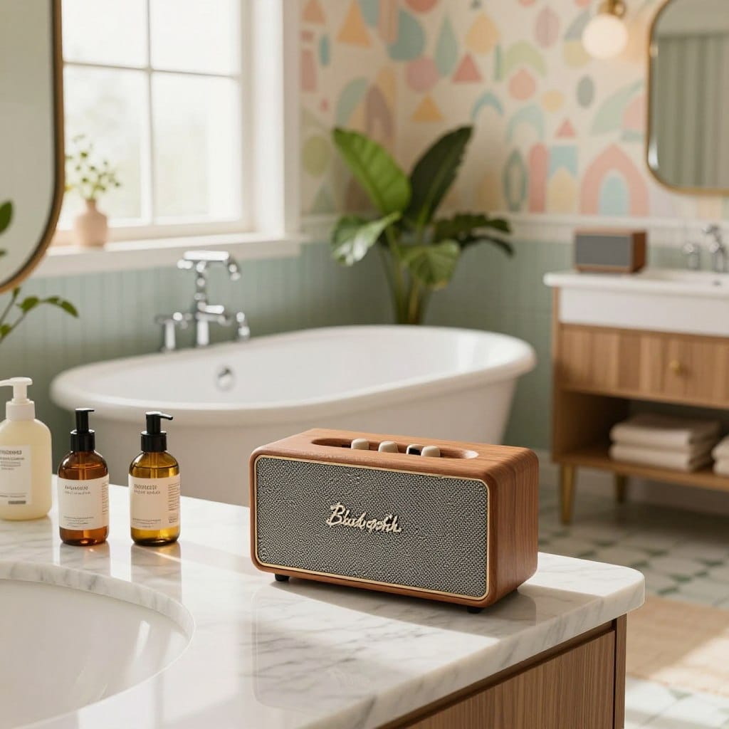 A bright and inviting mid-century bathroom featuring elegant Bluetooth audio systems seamlessly integrated into the decor. In the foreground, a sleek, vintage-inspired Bluetooth speaker with wood grain finish sits elegantly on a marble countertop, surrounded by retro toiletries. The middle ground showcases a chic freestanding bathtub with classic chrome fixtures and lush greenery nearby, all bathed in warm, natural light streaming through a frosted window. In the background, patterned wallpaper in pastel shades enhances the nostalgic atmosphere while a vintage mirror reflects the modern audio technology subtly. The composition captures a harmonious blend of retro aesthetics and contemporary functionality, evoking a serene oasis where music enhances relaxation. The angle is slightly elevated, offering a broad view that highlights the unique fusion of styles.
