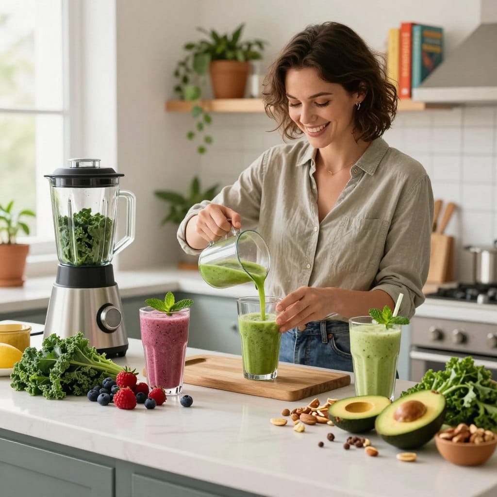 A bright, inviting kitchen scene showcasing a daily routine of preparing anti-aging smoothies. In the foreground, a stylish countertop displaying vibrant, fresh ingredients like kale, berries, avocados, and nuts, elegantly arranged next to a high-quality blender. In the middle ground, a cheerful person in a casual, modest outfit, intently measuring out ingredients while smiling. Surrounding them are various smoothie glasses filled with colorful, nutritious blends, garnished with mint leaves. In the background, natural light filters through a window, illuminating houseplants and colorful cookbooks on shelves, creating a warm and uplifting atmosphere. The overall mood is vibrant, health-conscious, and inviting, encouraging viewers to embrace a delicious and healthy routine for ageless beauty. The image should be shot from an angle that captures both the subject and the rich textures of the ingredients, using soft, natural lighting. A bright, inviting kitchen scene showcasing a daily routine of preparing anti-aging smoothies. In the foreground, a stylish countertop displaying vibrant, fresh ingredients like kale, berries, avocados, and nuts, elegantly arranged next to a high-quality blender. In the middle ground, a cheerful person in a casual, modest outfit, intently measuring out ingredients while smiling. Surrounding them are various smoothie glasses filled with colorful, nutritious blends, garnished with mint leaves. In the background, natural light filters through a window, illuminating houseplants and colorful cookbooks on shelves, creating a warm and uplifting atmosphere. The overall mood is vibrant, health-conscious, and inviting, encouraging viewers to embrace a delicious and healthy routine for ageless beauty. The image should be shot from an angle that captures both the subject and the rich textures of the ingredients, using soft, natural lighting.