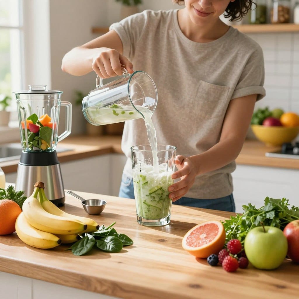 A bright, inviting kitchen setting with a wooden countertop as the foreground, showcasing a vibrant assortment of fresh fruits and vegetables such as bananas, spinach, and berries, alongside a blender and measuring spoons. In the middle, a person in modest casual clothing, focused on preparing an electrolyte smoothie, pours coconut water into the blender, with light streaming in through a window, highlighting the colorful ingredients. In the background, shelves filled with storage jars and a colorful fruit bowl add depth and warmth to the scene. Natural sunlight creates a fresh, energetic atmosphere, emphasizing the health and vitality associated with smoothie preparation. The overall mood is lively and encouraging, perfect for promoting wellness after sun exposure.