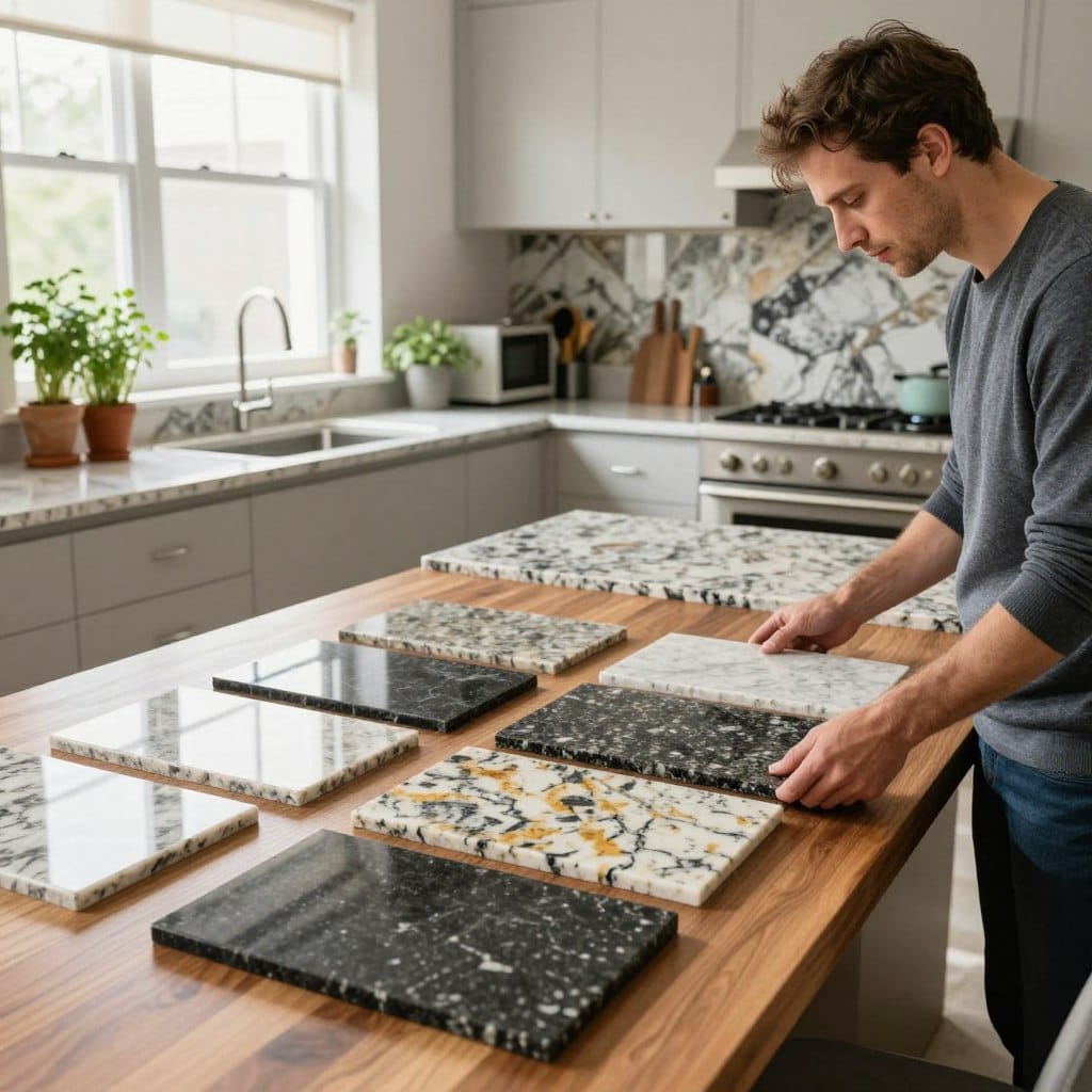 A bright, modern kitchen showcasing an elegant granite countertop selection process. In the foreground, a professional-looking designer, dressed in smart casual attire, is examining a variety of vibrant granite samples, displayed neatly on a polished wooden table. The middle space features an assortment of luxurious granite colors, ranging from deep blacks to shimmering whites, reflecting natural light from a nearby window. The background reveals a stylish kitchen with minimalist cabinets, a bold backsplash exhibiting eye-catching patterns, and natural elements like potted herbs on the window sill. Soft, natural lighting enhances the inviting atmosphere, creating a warm and inspiring mood, perfect for selecting the ideal granite countertop.