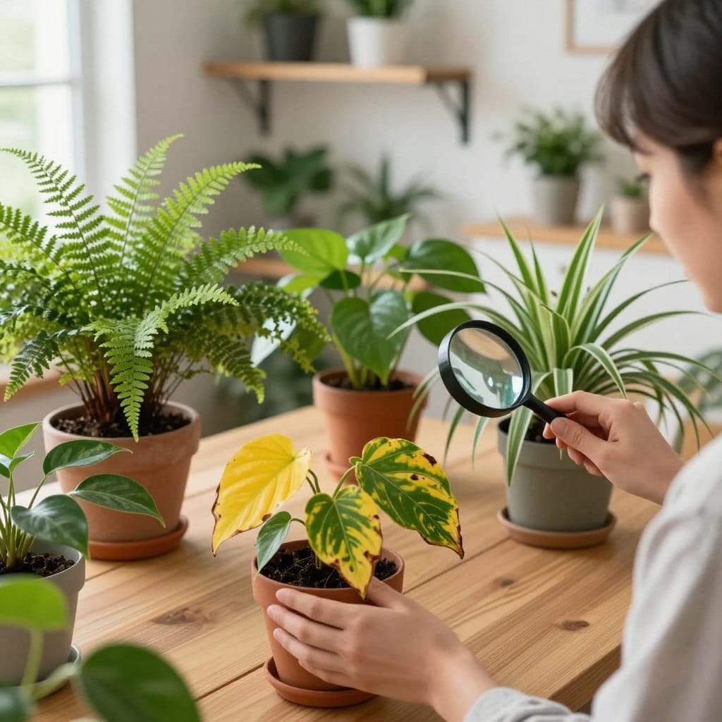 A bright, well-lit indoor scene showcasing a variety of indoor plants on a wooden table. In the foreground, a close-up of a person wearing a casual shirt, examining a yellowing leaf on a potted plant, holding a magnifying glass. In the middle, several potted plants, including a fern, pothos, and spider plant, showing signs of common problems like browning edges and drooping leaves. The background features a cozy, natural light-filled room with shelves of plants, natural wood accents, and a hint of a sunny window. The atmosphere is calm and focused, conveying a sense of care and dedication to nurturing plants in an inviting home environment.
