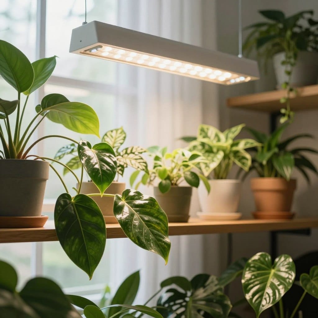 A brightly lit indoor environment showcasing a variety of thriving houseplants, arranged elegantly on wooden shelves. In the foreground, vibrant green leaves glisten under soft, artificial grow lights, highlighting details like veins and textures. The middle layer features a stylish LED grow light setup, casting a warm, inviting glow. The background includes a sun-drenched window with sheer curtains, providing an additional layer of natural light. The atmosphere feels fresh and invigorating, emphasizing the importance of adequate lighting for plant health. Capture this scene with a shallow depth of field to focus on the plants and lights, creating a cozy yet modern aesthetic. No text or logos in the image.