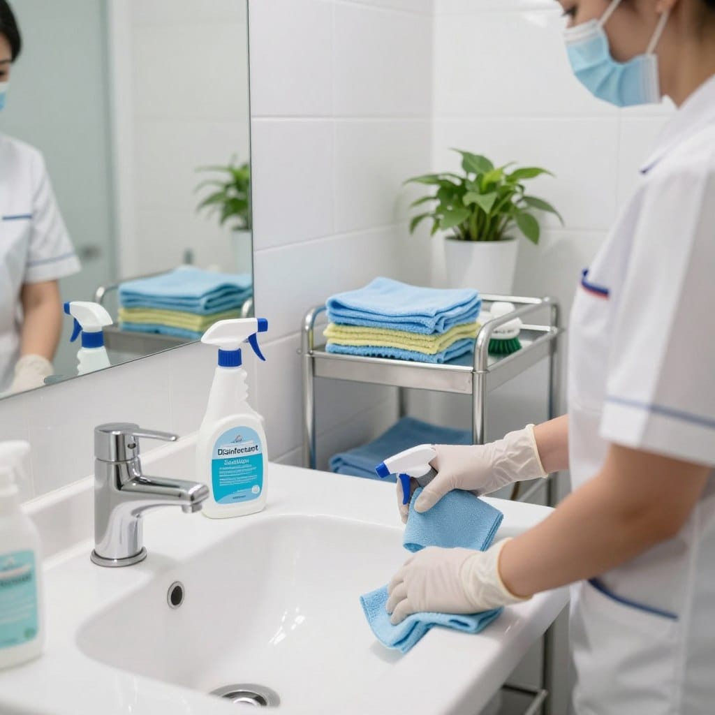 A brightly lit medical-grade bathroom featuring gleaming white tiles and stainless steel fixtures in pristine condition. In the foreground, a person in a professional uniform meticulously cleans the sink and countertop with medical-grade cleaning supplies: spray bottles labeled "Disinfectant" and "Sanitizer." The individual wears gloves and a mask for safety, highlighting the importance of hygiene. In the middle ground, a neatly organized array of cleaning tools, such as a microfiber cloth and scrub brush are arranged on a sturdy cart. The background captures a large bathroom mirror reflecting the scene, emphasizing cleanliness and order. Soft, diffused lighting creates a sterile yet inviting atmosphere, while fresh green plants add a touch of vibrancy. The overall mood conveys efficiency and professionalism in maintaining a spotless environment. A brightly lit medical-grade bathroom featuring gleaming white tiles and stainless steel fixtures in pristine condition. In the foreground, a person in a professional uniform meticulously cleans the sink and countertop with medical-grade cleaning supplies: spray bottles labeled "Disinfectant" and "Sanitizer." The individual wears gloves and a mask for safety, highlighting the importance of hygiene. In the middle ground, a neatly organized array of cleaning tools, such as a microfiber cloth and scrub brush are arranged on a sturdy cart. The background captures a large bathroom mirror reflecting the scene, emphasizing cleanliness and order. Soft, diffused lighting creates a sterile yet inviting atmosphere, while fresh green plants add a touch of vibrancy. The overall mood conveys efficiency and professionalism in maintaining a spotless environment.