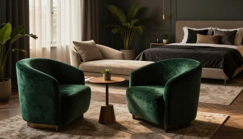 A chic and sophisticated bedroom featuring various stylish seating options. In the foreground, a plush velvet armchair in deep emerald green, paired with a small round wooden side table. The middle ground showcases a modern chaise lounge in soft beige, positioned near a window adorned with sheer curtains that gently diffuse warm natural light. In the background, a minimalist bed with a luxurious dark bedding set, accented by decorative pillows. The room is illuminated by soft, ambient lighting, creating a cozy and moody atmosphere. Decorative potted plants add a touch of nature, complementing the moody aesthetic. The overall composition captures a serene yet elegant vibe, perfect for a sophisticated bedroom setting.
