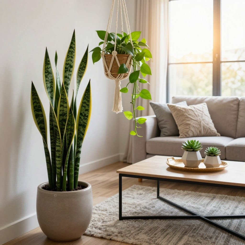 A chic apartment living room featuring a stylish arrangement of vibrant indoor plants in elegant containers. In the foreground, a large potted snake plant with a sleek ceramic pot and a hanging macramé planter with a cascading pothos. In the middle ground, a modern coffee table adorned with a decorative tray and a couple of succulents in minimalist geometric pots, alongside a plush sofa with textured throw pillows. The background showcases a large window allowing soft, warm daylight to filter in, illuminating the space with a cozy glow. The scene emphasizes a harmonious blend of nature and contemporary decor, creating an inviting atmosphere. Capture this from a slightly elevated angle to highlight the layout while ensuring all elements are in focus.