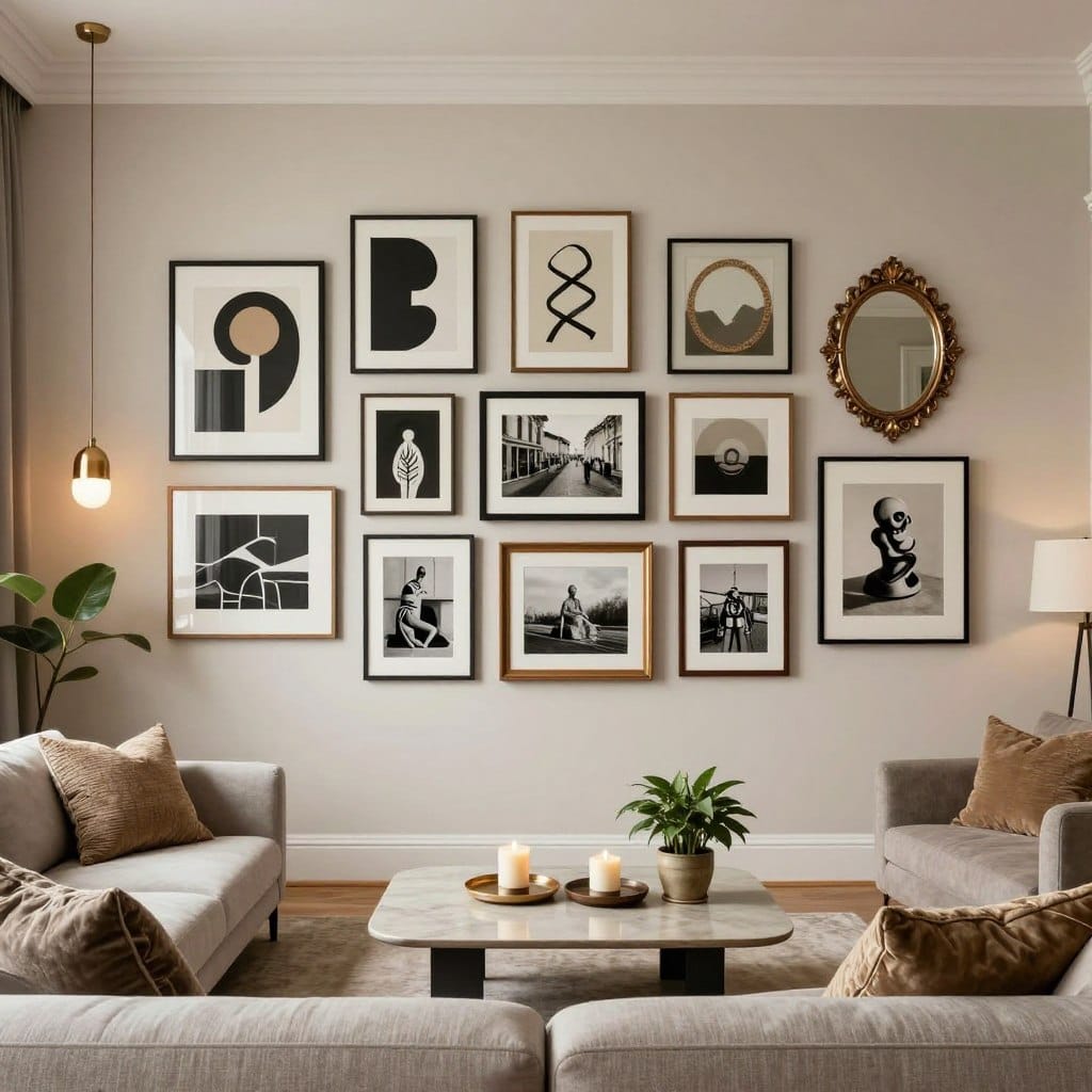 A chic living room featuring a beautifully curated gallery wall accent, showcasing a mix of framed artwork, photographs, and decorative mirrors. The foreground includes a stylish sofa adorned with textured cushions, while the gallery wall displays a harmonious blend of modern art pieces and vintage photographs in various frame styles. In the middle, a minimalist coffee table adds balance, accompanied by a few decorative items like candles and potted plants. The background reveals soft, neutral-toned walls and elegant lighting fixtures that cast a warm glow, creating an inviting atmosphere. The scene is captured from a slightly elevated angle, emphasizing the wall's arrangement and the overall cozy yet sophisticated ambiance of the living room.