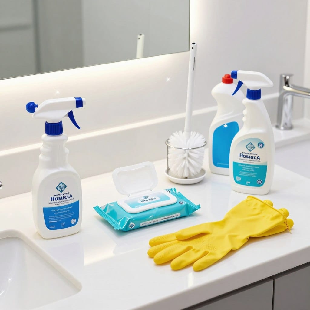 A clean and organized bathroom setting showcasing a variety of medical-grade cleaning supplies, neatly arranged on a bright, sterile-looking countertop. The foreground features a spray bottle labeled with clear, professional markings and a pair of rubber gloves in a vibrant color. In the middle, include disinfectant wipes, a toilet brush with a holder, and a squirt bottle for disinfectants, all reflecting high-quality materials. The background has soft lighting that enhances the cleanliness and hygiene theme, with a sparkle effect to emphasize freshness. The angle is slightly above eye-level, creating a spacious feel. The atmosphere is calm and professional, evoking a sense of trust in the effectiveness of the cleaning supplies. A clean and organized bathroom setting showcasing a variety of medical-grade cleaning supplies, neatly arranged on a bright, sterile-looking countertop. The foreground features a spray bottle labeled with clear, professional markings and a pair of rubber gloves in a vibrant color. In the middle, include disinfectant wipes, a toilet brush with a holder, and a squirt bottle for disinfectants, all reflecting high-quality materials. The background has soft lighting that enhances the cleanliness and hygiene theme, with a sparkle effect to emphasize freshness. The angle is slightly above eye-level, creating a spacious feel. The atmosphere is calm and professional, evoking a sense of trust in the effectiveness of the cleaning supplies.