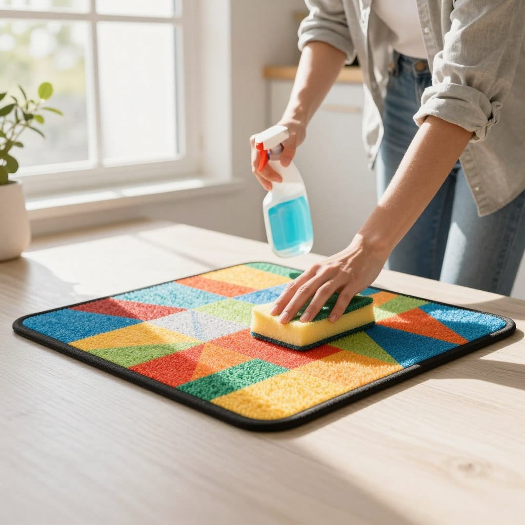 A clean, well-organized kitchen with a focus on a vibrant, anti-fatigue kitchen mat in the foreground. The mat showcases a colorful geometric design, slightly bent at the edges to suggest usage. In the middle ground, a person dressed in a casual shirt and jeans is gently cleaning the mat with a sponge and a mild cleaning solution, demonstrating care techniques. The background features a sunny kitchen with a window letting in bright, warm natural light, highlighting the cleanliness and comfort of the space. Soft shadows add depth, creating a welcoming and homey atmosphere. Overall, the composition emphasizes practicality and care for kitchen mats.