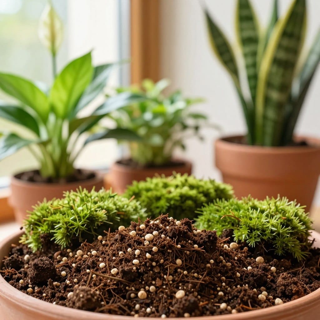 A close-up of a rich, textured soil mix for indoor plants, featuring various components like dark brown potting soil, light tan perlite, and vibrant green moss, artfully arranged in a terra cotta pot. In the foreground, a handful of the soil mix is spilling out gently, showcasing its granular structure. The middle ground includes several healthy indoor plants like a peace lily and snake plant thriving in their pots, with their lush green leaves contrasting against the earthy tones of the soil. The background softly blurs to reveal a warm, sunlit window with sheer curtains, creating a cozy and inviting atmosphere. The image captures a serene, nurturing mood, emphasizing the importance of good soil in plant care, with warm natural lighting that highlights the textures and colors beautifully.