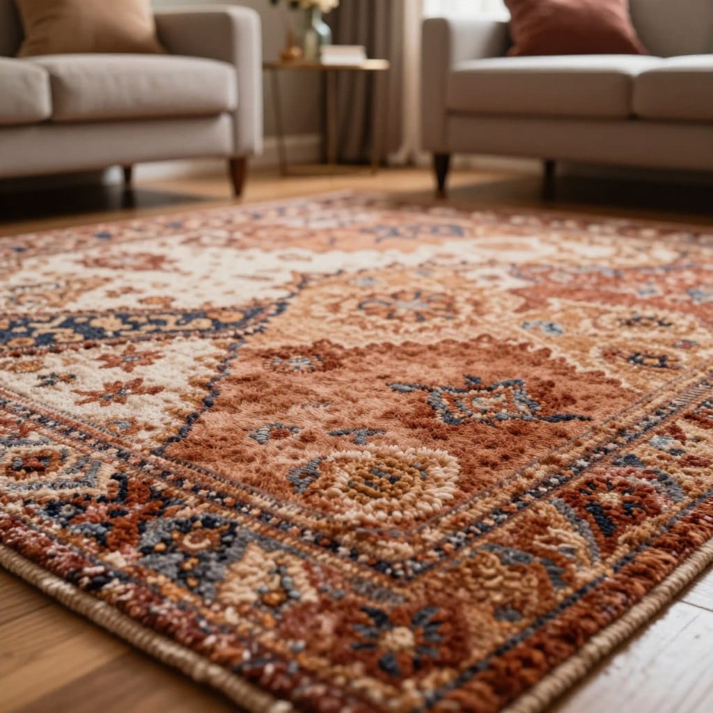 A close-up view of a luxurious living room rug with varying pile heights, showcasing a rich texture that conveys depth and comfort. The foreground features a richly detailed area rug, emphasizing its soft fibers and intricate patterns, catching the light to highlight the different heights of the pile. In the middle ground, display a cozy living room setting with elegant furniture, where the rug is positioned centrally to illustrate its impact on the decor. The background should softly blur, depicting a tasteful color palette and warm, inviting lighting that creates a relaxing atmosphere. Capture the scene from a slightly elevated angle to enhance the visual interest and illustrate depth, evoking a sense of homeliness and style.