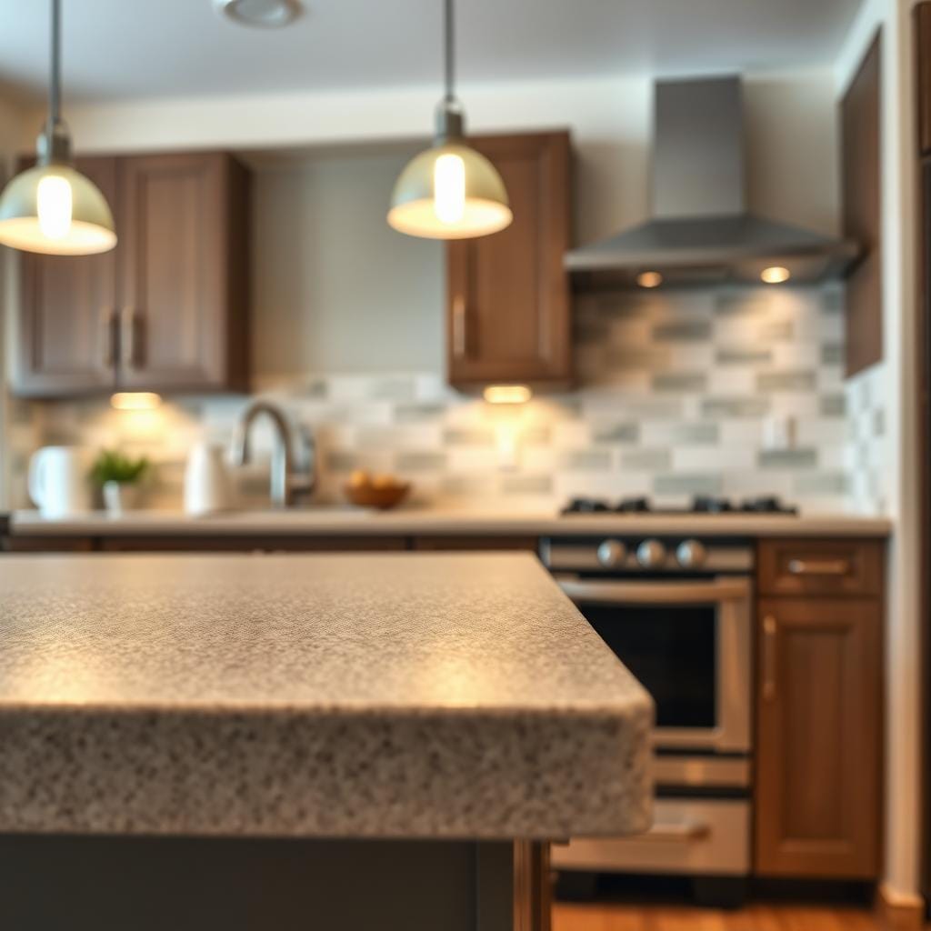 A close-up view of a small kitchen countertop and backsplash, showcasing common mistakes such as mismatched tile patterns, uneven grout lines, and poorly cut countertop edges. In the foreground, the textured laminate countertop reflects a subtle sheen, while the backsplash highlights chipped tiles and irregular spacing. The middle of the image captures the transition between countertop and backsplash, emphasizing misalignment and color clashes. The background features a well-lit kitchen setting with a soft, warm ambiance, illuminated by pendant lights that cast gentle shadows. The scene conveys a sense of frustration with remodeling errors while maintaining a professional atmosphere. The focus is sharp, with a shallow depth of field to draw attention to the mistakes without distraction from additional elements.