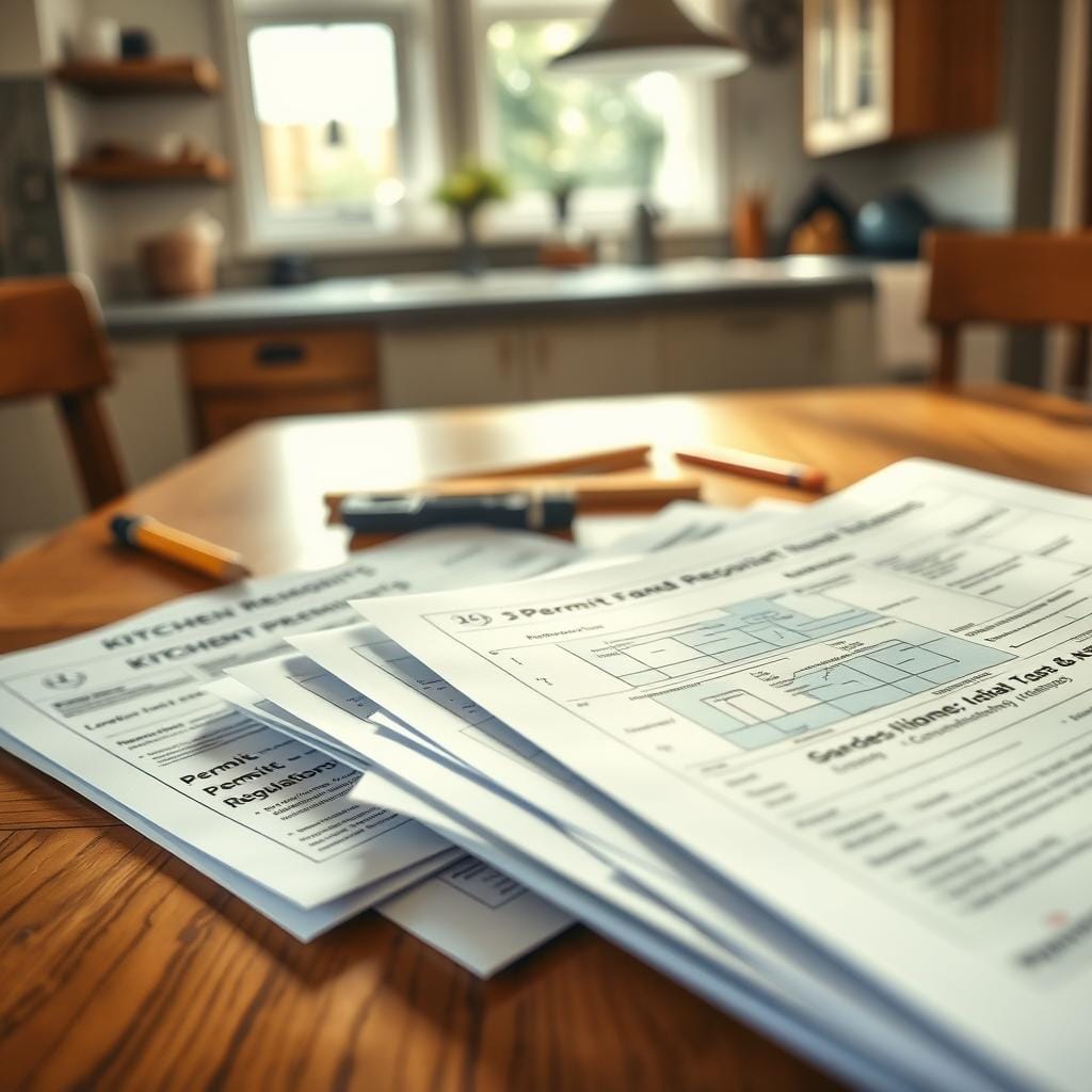A close-up view of a wooden kitchen table filled with various kitchen remodeling permits and regulations paperwork. The foreground features a neatly stacked pile of blueprints, permit applications, and local regulations, all with clear, distinct headers. Soft natural light streams in from a nearby window, illuminating the table and creating a warm, focused atmosphere. In the middle ground, there are tools like a ruler and pencil, suggesting active planning and design work. The background shows a partially visible kitchen with cabinets and appliances, hinting at the remodeling process. The scene conveys a sense of urgency and diligence in preparation, reflecting the importance of complying with legal requirements in remodeling projects. The overall mood is professional and organized, emphasizing attention to detail.