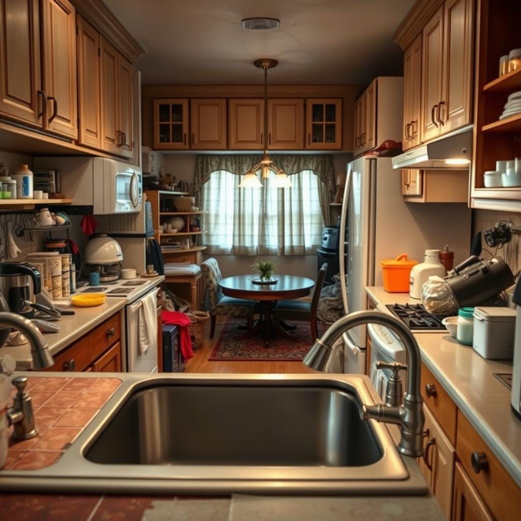 A cluttered and chaotic small kitchen, showcasing several common remodeling mistakes. In the foreground, mismatched cabinet colors and poorly installed countertops can be seen, with a broken tile and a leaking faucet. The middle ground features disorganized kitchen appliances, too many upper cabinets causing a cramped feel, and a cluttered small dining nook with oversized furniture. In the background, dim lighting highlights the cramped space, creating an atmosphere of frustration and disappointment. The kitchen design lacks cohesion, showcasing errors in layout and functionality. Opt for a wide-angle perspective to capture the essence of these mistakes, emphasizing the cramped and overwhelming nature of a poorly executed kitchen remodel, with soft, natural lighting enhancing the disarray.