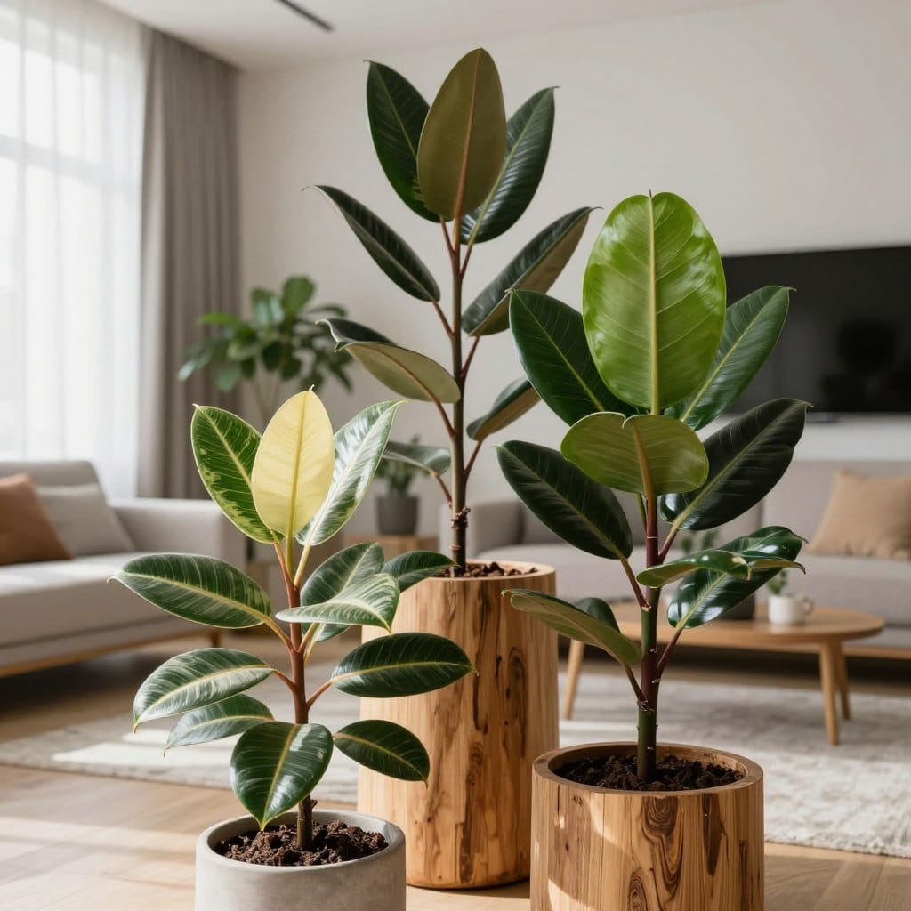 A collection of diverse Rubber Plant (Ficus elastica) varieties in a modern living room setting. In the foreground, a lush, variegated Rubber Plant with striking cream and green leaves, alongside a solid dark green Rubber Plant featuring broad, glossy leaves. In the middle, a stylish wooden planter with natural textures enhances the plants' vibrant colors. The background showcases a contemporary apartment living room with soft natural light streaming through large, sheer curtains, highlighting the plants' bold foliage. A cozy, minimalistic couch and decorative elements reinforce the chic atmosphere. The image should evoke a fresh, inviting ambiance, captured from a slightly elevated angle to emphasize both the plants and the stylish interior.