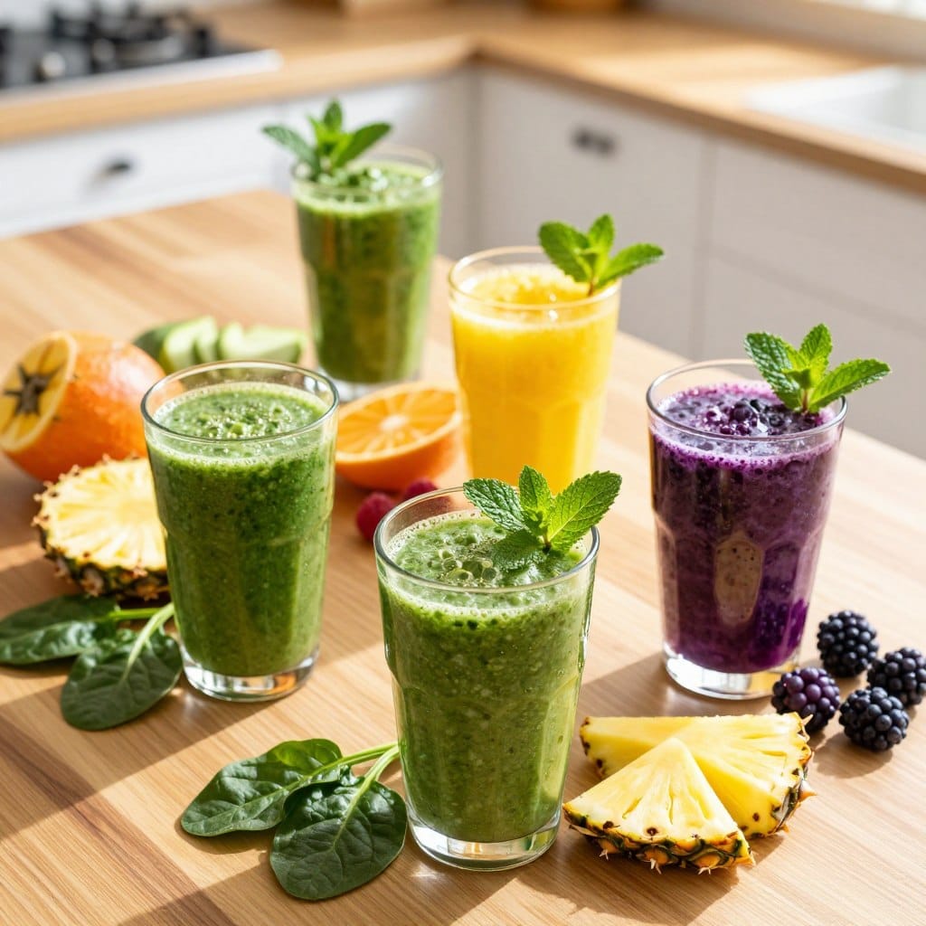 A colorful array of electrolyte boost smoothies elegantly arranged on a wooden table. In the foreground, three glasses filled with vibrant, fresh smoothie blends, featuring ingredients like bright green spinach, sunny yellow pineapple, deep purple berries, and coconut water, adorned with fresh mint sprigs. The middle layer shows vibrant fruit slices and hydration-enhancing ingredients artistically scattered around the glasses. In the background, a sunlit kitchen setting with warm natural light streaming in, creating a bright and inviting atmosphere. The scene evokes a sense of health and vitality, perfect for refreshing oneself after sun exposure. The angle is slightly overhead, emphasizing the textures and colors of the smoothies while keeping the focus on their refreshing qualities.
