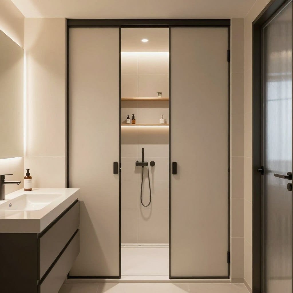 A compact bathroom layout featuring modern space-saving solutions, showcasing elegant pocket doors that glide open seamlessly. In the foreground, a sleek vanity with minimalistic design and a stylish mirror reflects a well-lit atmosphere. The middle layer includes a compact shower with stylish tiled walls and a contemporary faucet, accentuated by soft ambient lighting. The background reveals clever storage options, such as floating shelves and hidden cabinets, maximizing functionality. The scene is illuminated by warm, natural light streaming through frosted glass, creating an inviting and airy ambiance. The overall mood conveys sophistication and efficiency, ideal for small spaces, with a focus on practicality and contemporary style, without any human subjects or distractions.