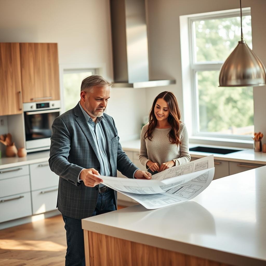 A confident, professional kitchen remodel contractor discussing plans with a couple in a modern kitchen setting. In the foreground, the contractors, a middle-aged man and a woman in professional business attire, are reviewing blueprints together on a kitchen island, showcasing detailed design ideas. The couple, looking engaged and eager, stands nearby, dressed in modest casual clothing. In the middle background, sleek kitchen elements like modern cabinets, countertops, and appliances create an inviting atmosphere. Natural light floods the space through large windows, illuminating the warm color palette. A sense of collaboration and trust permeates the scene, emphasizing the importance of finding reliable contractors for kitchen remodeling projects. Soft focus on the kitchen elements enhances the subjects while maintaining overall clarity.