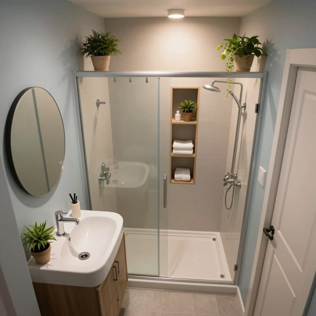 A cozy and elegant small bathroom design, showcasing innovative space-saving features. In the foreground, a compact, modern sink with a stylish, circular mirror above it. The middle ground features a petite shower with sleek glass doors and clever storage solutions, such as open shelves with neatly arranged towels and plants. The background includes warm, ambient lighting from recessed fixtures, enhancing the inviting atmosphere. Soft, neutral color palettes of light gray and muted blue create a serene environment, while natural textures like wood accents and greenery add warmth. The angle is slightly elevated, capturing the entire layout effectively, creating a sense of openness and functionality in this small space.