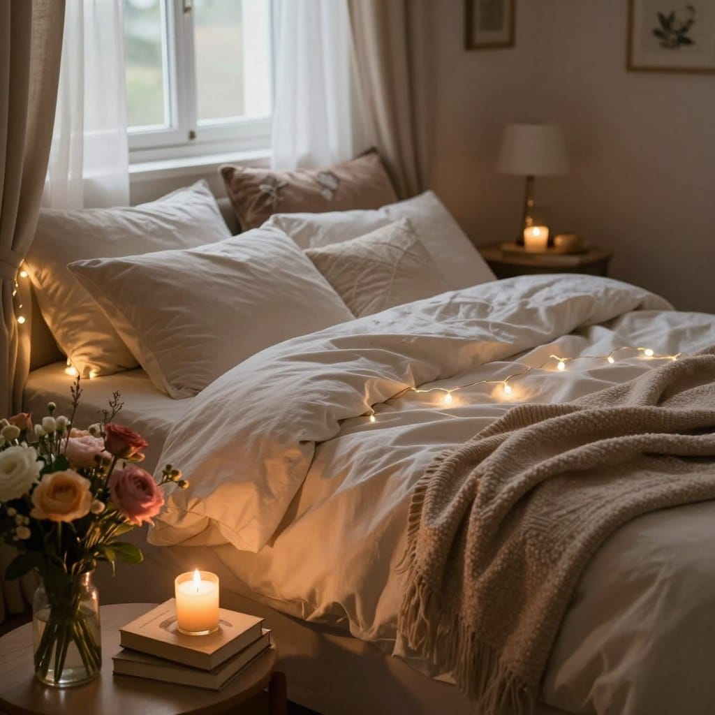 A cozy and inviting romantic bedroom scene, focusing on a plush, elegantly made bed with soft, luxurious bedding in warm, muted tones. The foreground features a bedside table with a beautifully arranged bouquet of fresh flowers, a flickering candle, and a small stack of books. In the middle, the bed is adorned with decorative pillows and a soft throw blanket, while fairy lights gently illuminate the room, creating a soft glow. The background showcases a softly draped window with sheer curtains, allowing gentle, natural light to filter in. The atmosphere is intimate and serene, evoking a feeling of comfort and romance. Capture the image from a slightly elevated angle to emphasize the bed's inviting nature, ensuring the overall composition feels warm and welcoming, suitable for a romantic ambiance.