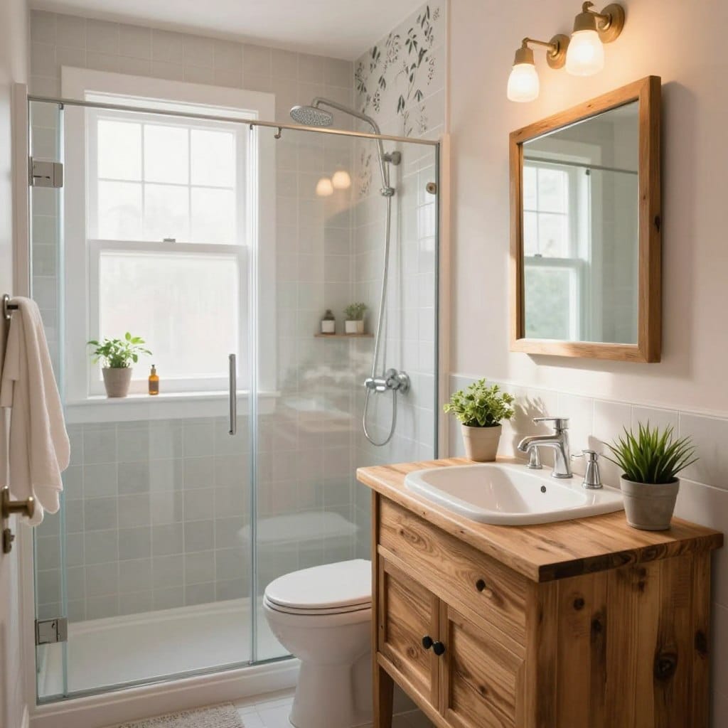 A cozy and inviting small bathroom, showcasing a blend of DIY decor and professional design elements. In the foreground, a stylish vanity made from reclaimed wood with elegant fixtures, adorned with small potted plants. In the middle, a well-organized layout features a shower area with glass doors, tasteful tile accents, and a wall-mounted mirror reflecting warm, natural light. The background highlights a charming window allowing sunlight to filter in, creating a bright atmosphere. The scene captures a harmonious blend of modern design with rustic touches, decorated in soft pastel colors to evoke a sense of calm and creativity. The overall mood is uplifting and aspirational, inviting viewers to consider their own bathroom remodel options.