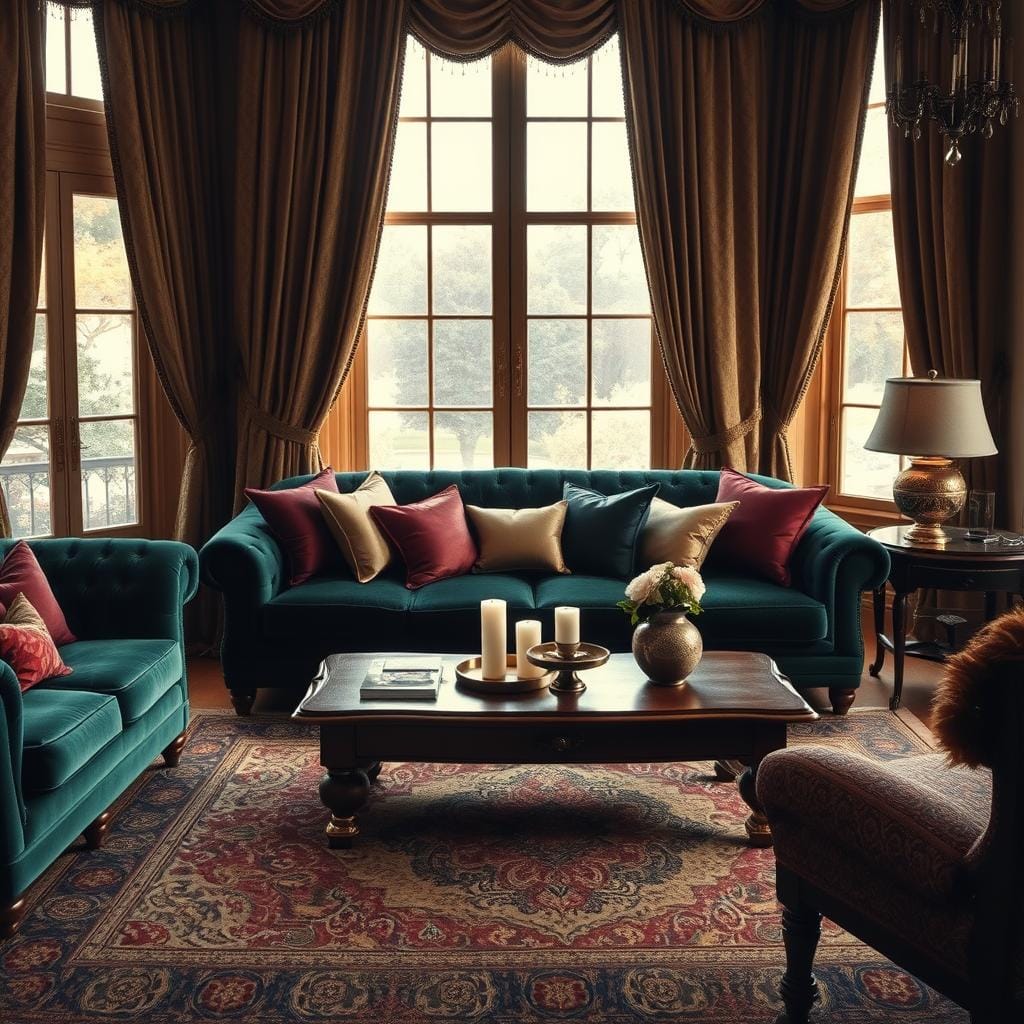 A cozy and opulent living room scene highlighting luxurious textiles and textures. In the foreground, a plush velvet sofa in a deep emerald green, adorned with an assortment of satin and silk cushions in rich jewel tones like ruby, gold, and navy. The middle ground features an intricately woven area rug with an elaborate pattern, complemented by a wooden coffee table with brass accents, showcasing an artful array of decorative objects, like a scented candle and a delicate vase with fresh flowers. In the background, elegant drapes made of heavy brocade cascade from tall windows, allowing soft, warm light to filter in, creating a moody, inviting atmosphere. The scene captures a sense of sophistication and depth, perfect for a dramatic transformation.