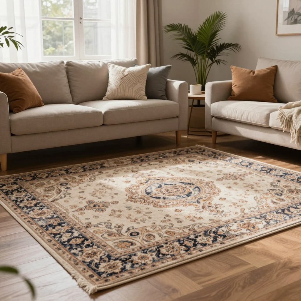 A cozy and stylish living room featuring a beautifully designed area rug that reflects a balance of quality and affordability. In the foreground, the rug is elegantly displayed, showcasing intricate patterns and textures that invite touch. The middle ground reveals a comfortable sofa adorned with decorative cushions and a small coffee table, creating a harmonious atmosphere. In the background, warm natural light filters through a window with sheer curtains, illuminating the room and enhancing the inviting feel. A few potted plants add a touch of greenery. The overall mood is serene and balanced, emphasizing the importance of smart choices in style and materials for a budget-conscious homeowner.