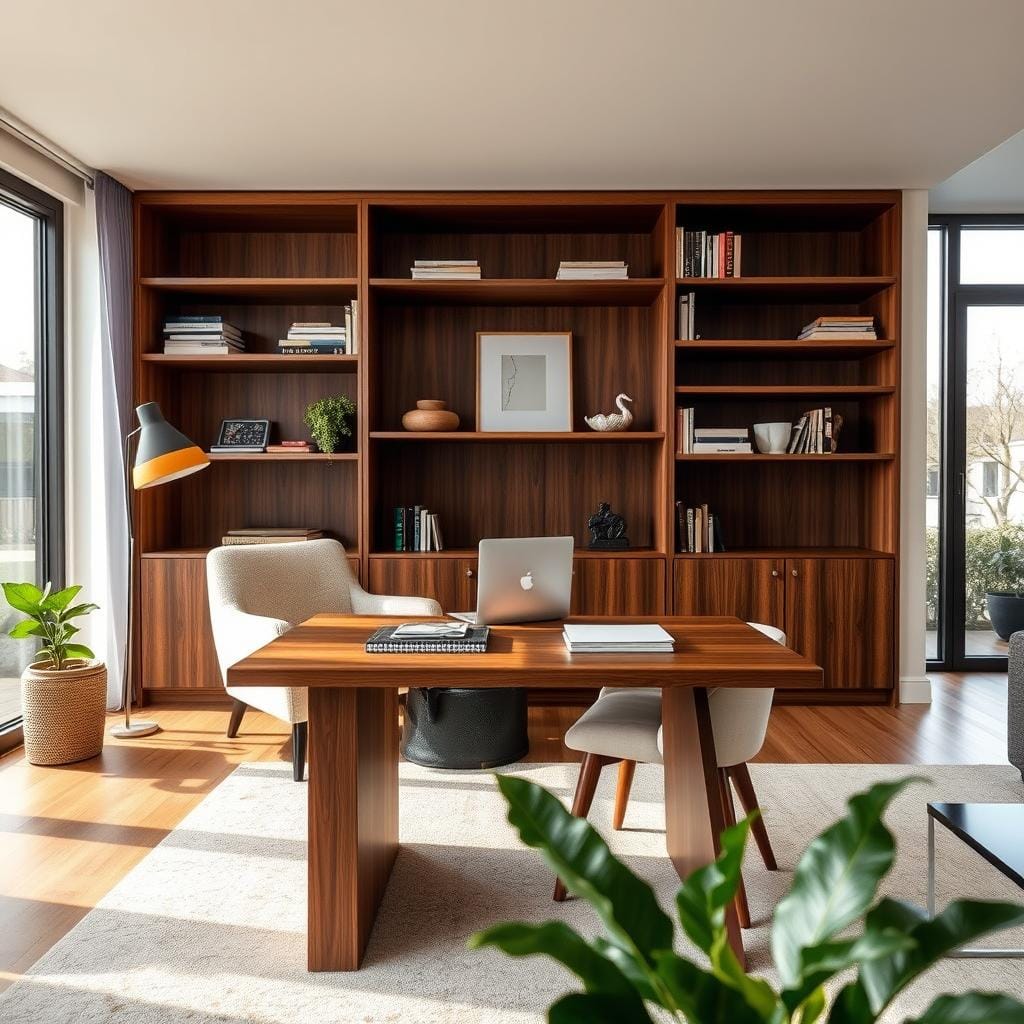 A cozy and stylish secret home office integrated into a modern living room. In the foreground, a sleek, minimalist desk is cleverly concealed within a custom-built bookshelf, its wooden grains complementing the surrounding decor. The middle ground features a plush, inviting armchair and a small coffee table, adorned with books and a plant, enhancing the space's warmth. In the background, large windows allow natural light to flow in, illuminating the room with a soft, inviting glow. The overall mood is serene and productive, emphasizing a harmonious blend of work and relaxation. The angle captures the scene at a slight diagonal, showcasing the hidden desk feature while maintaining a focus on the overall living space aesthetic.